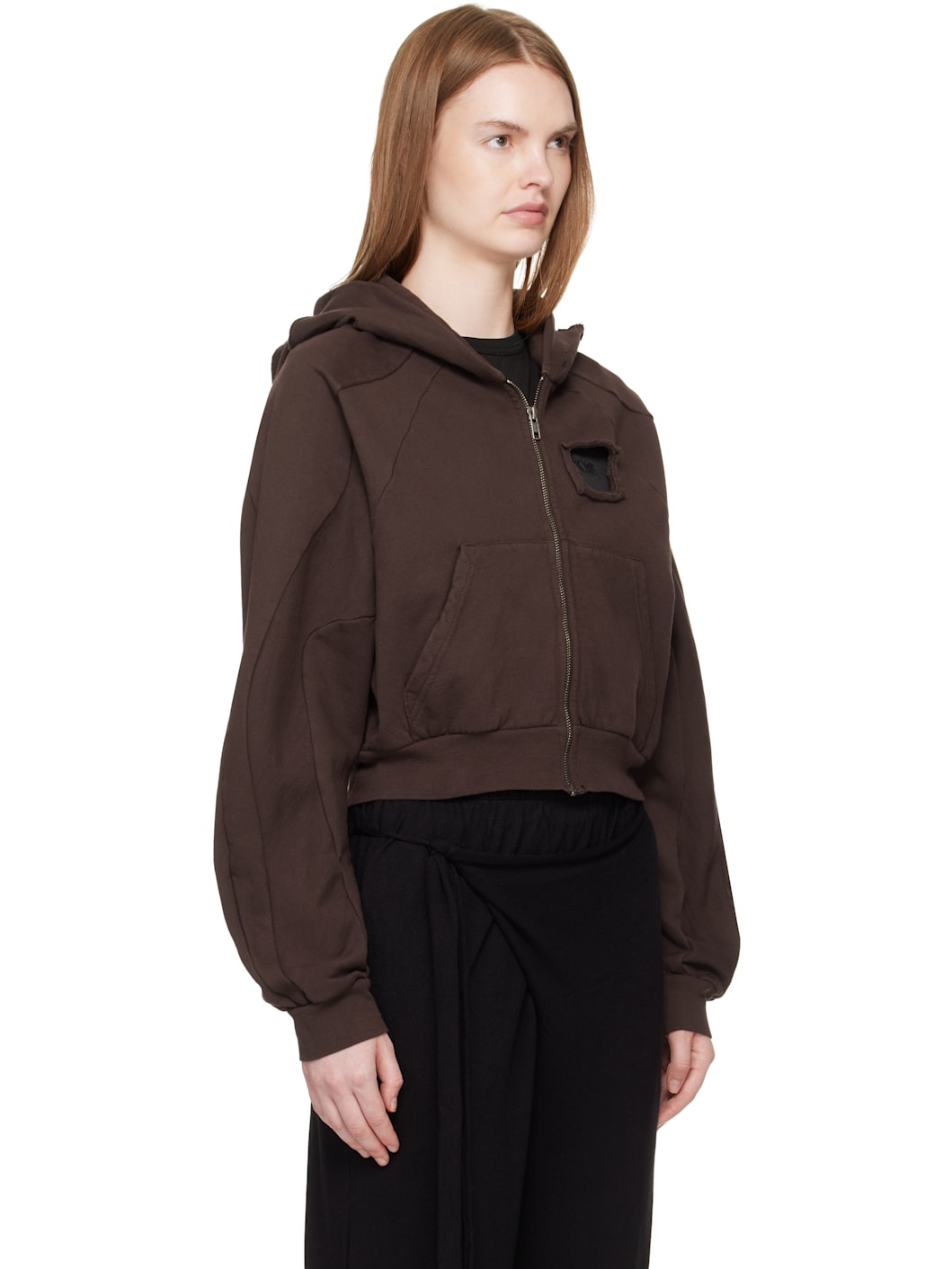 Brown Distressed Multiline Zip Hoodie - 2