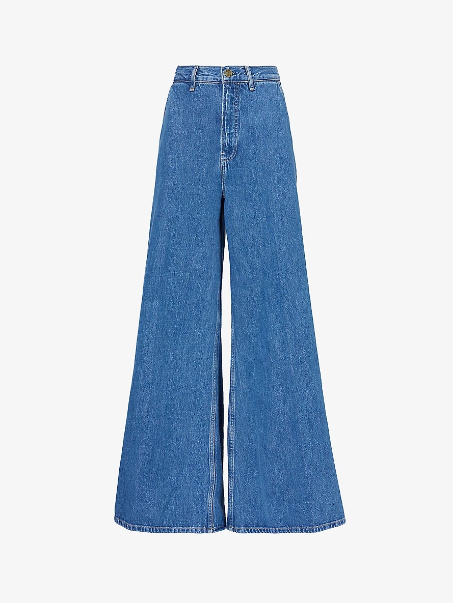 Contrast-stitch wide-leg mid-rise recycled denim jeans - 1