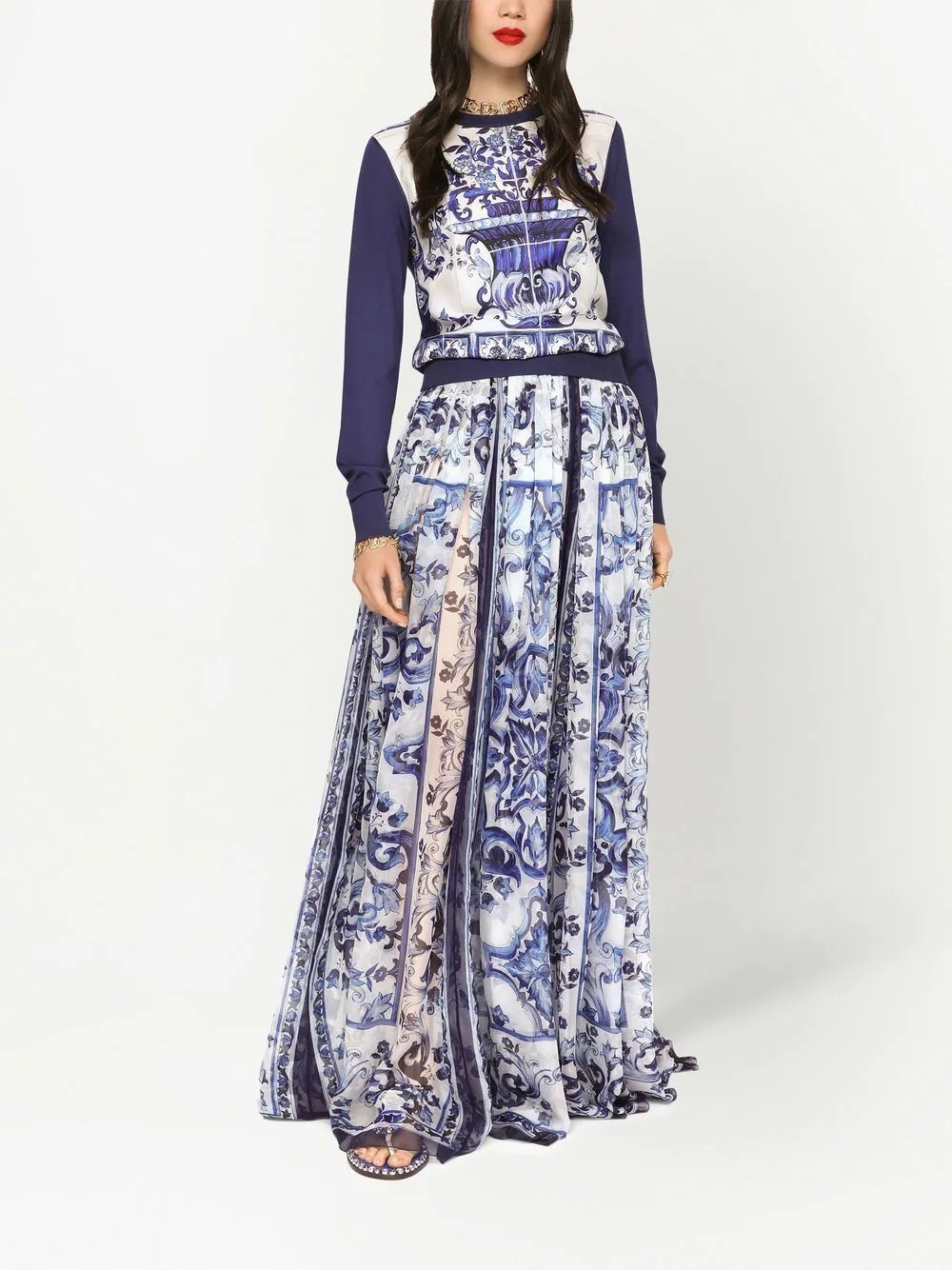 Majolica-print silk floor-length skirt - 3