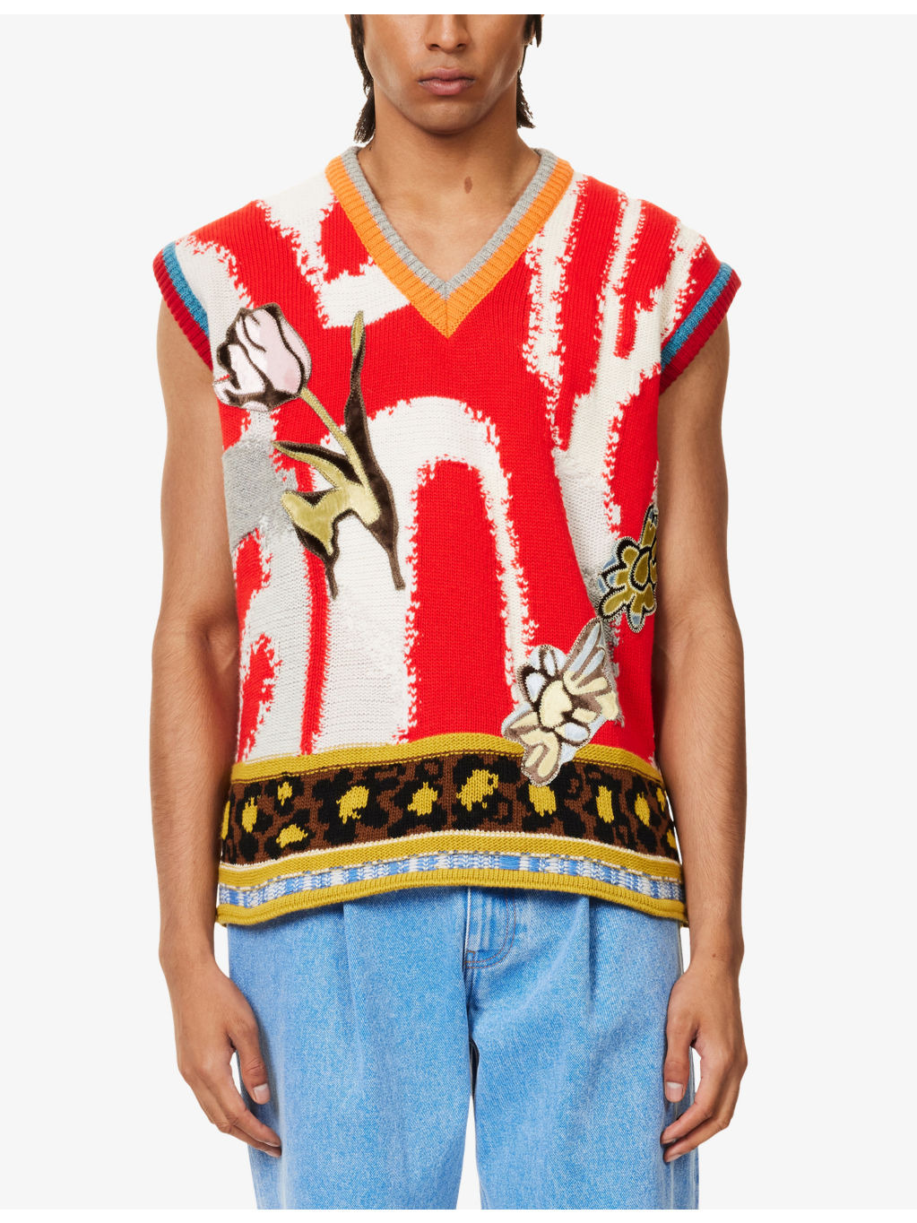 Graphic-Intarsia V-Neck Virgin-wool Knitted Vest - 3