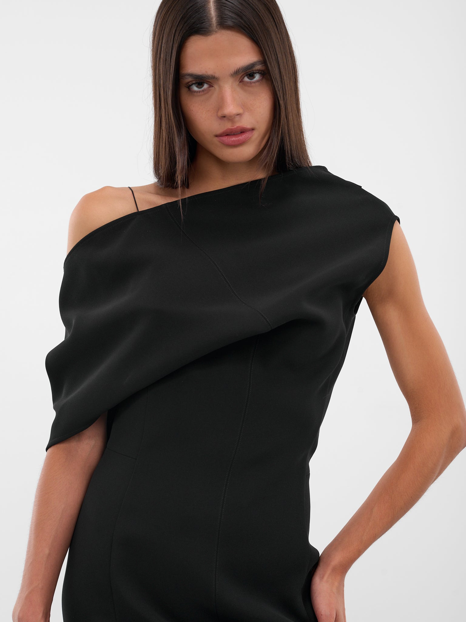 Black Draped Shoulder Mini Dress - 4