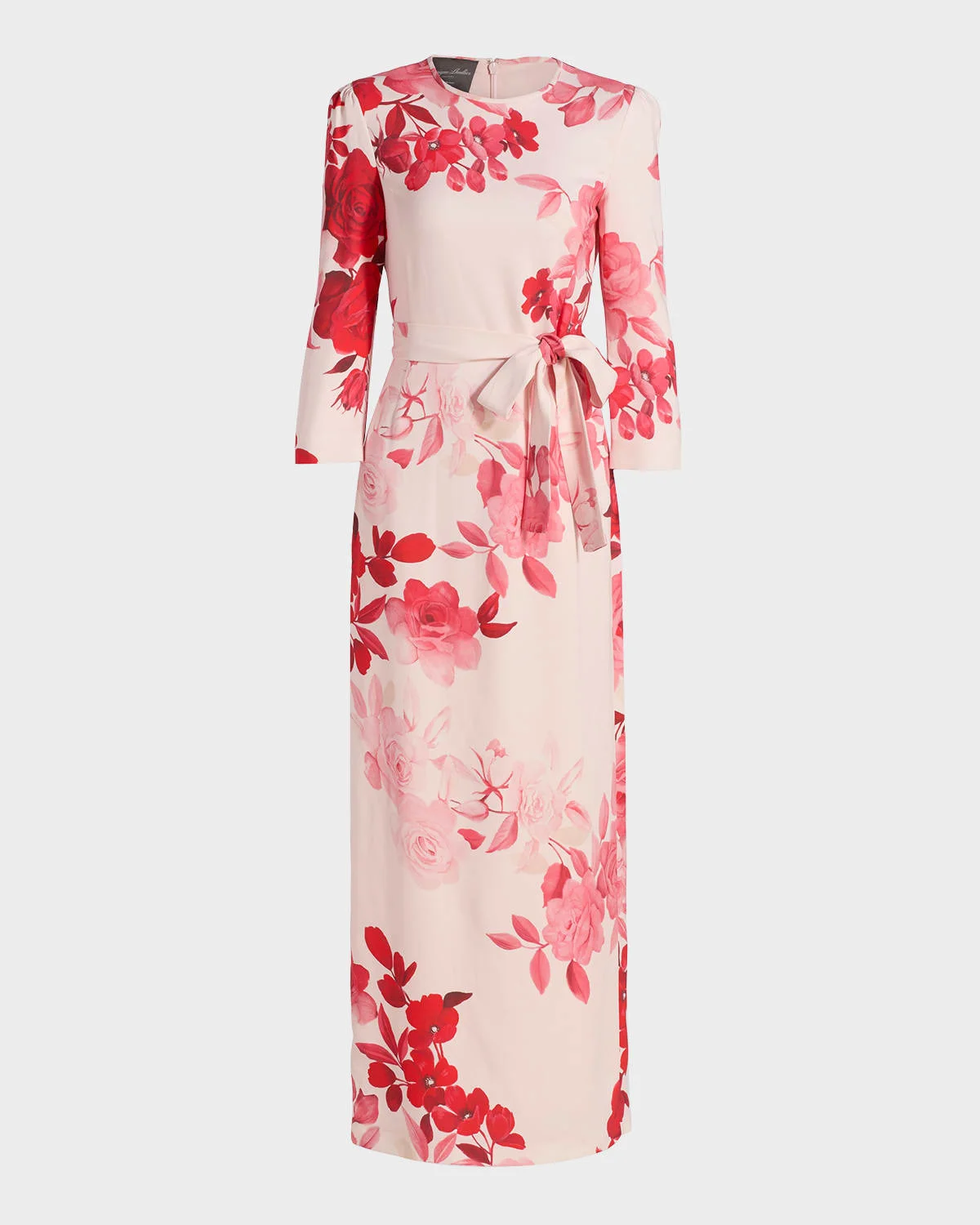 Rose-Print Crepe Belted Bracelet-Sleeve Maxi Dress - 1