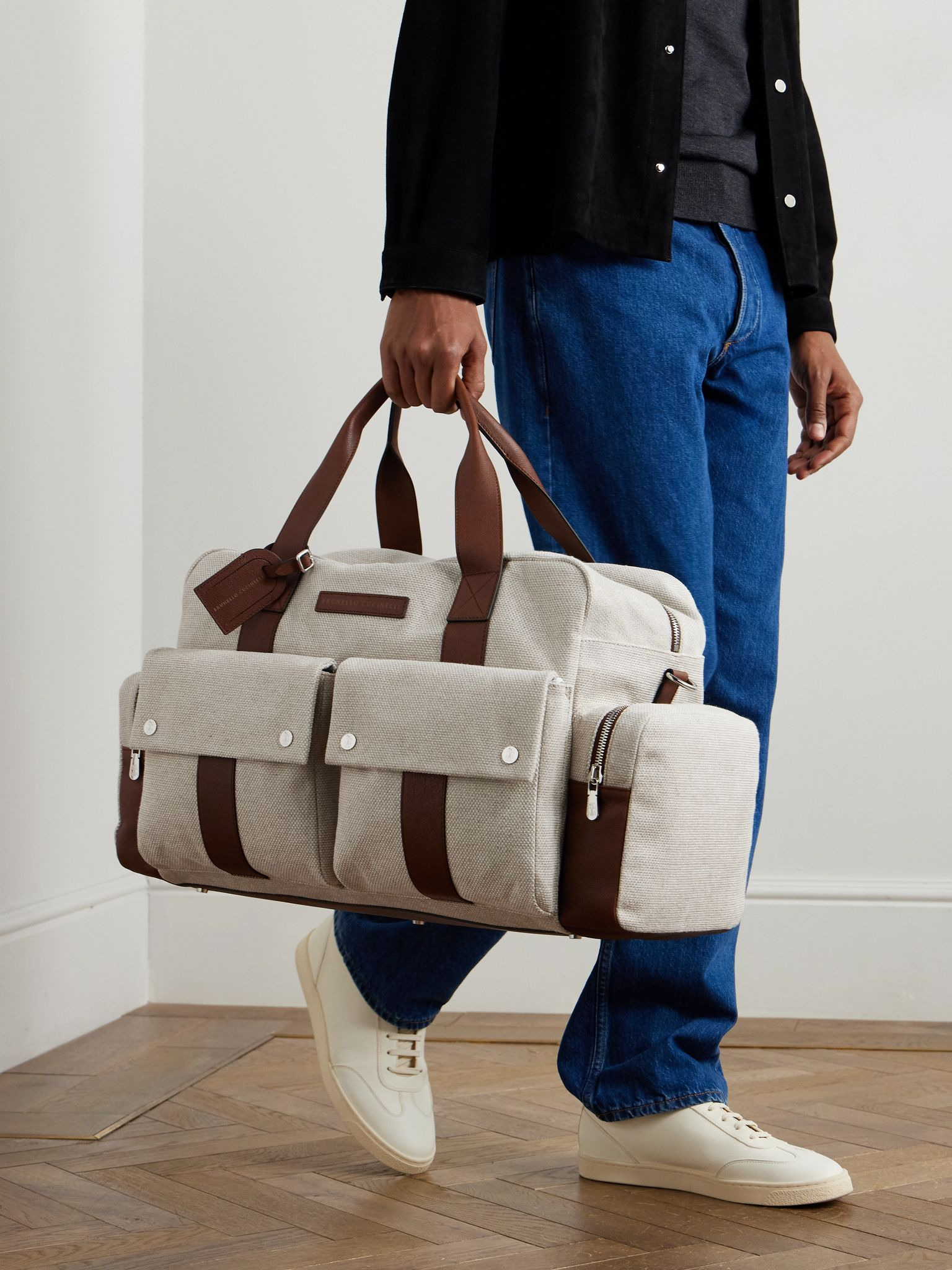 Leather-Trimmed Canvas Weekend Bag Beige - 2