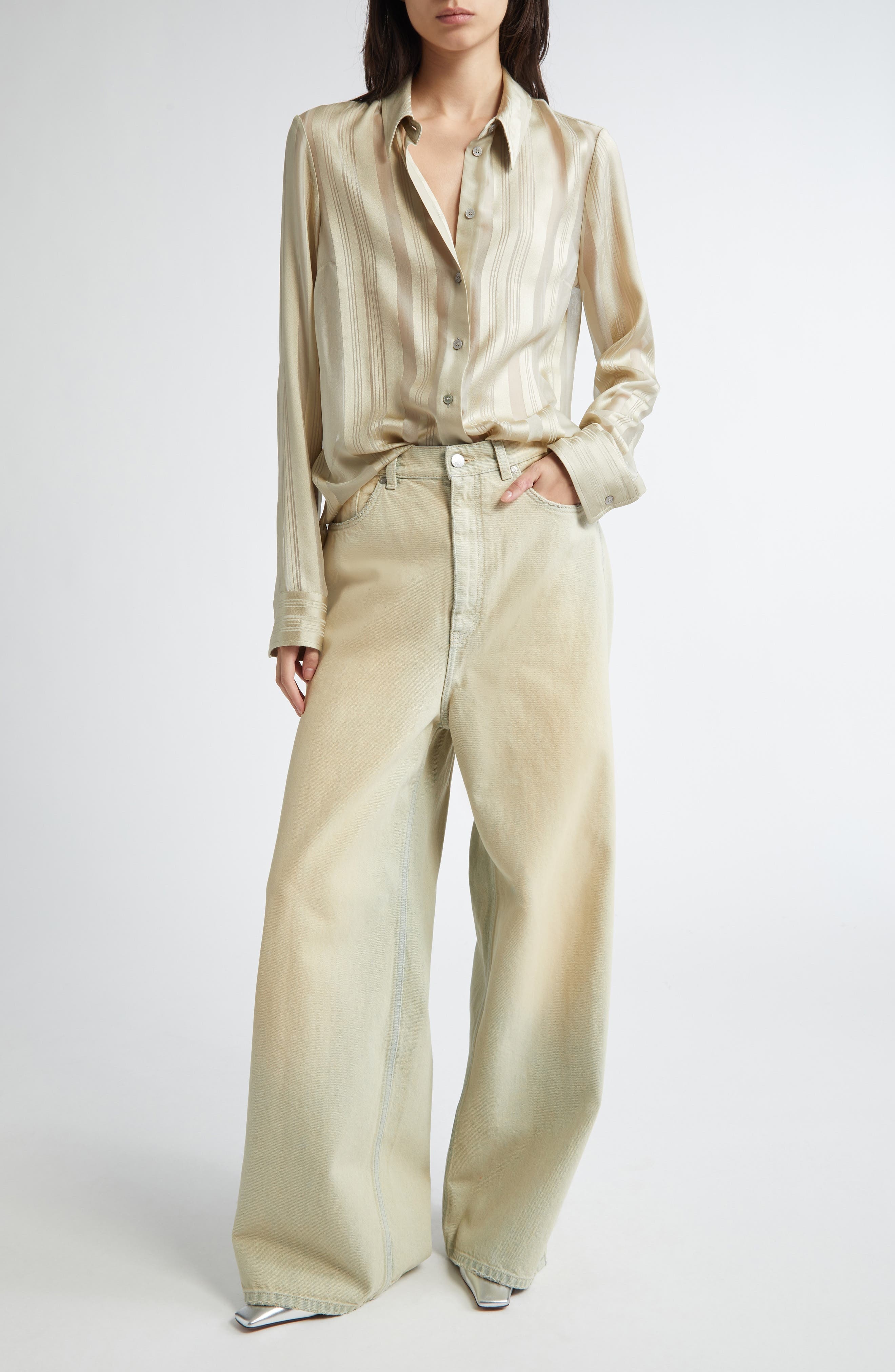 Stella McCartney Variegated Stripe Silk Button-Up Shirt in Sage at Nordstrom - 2