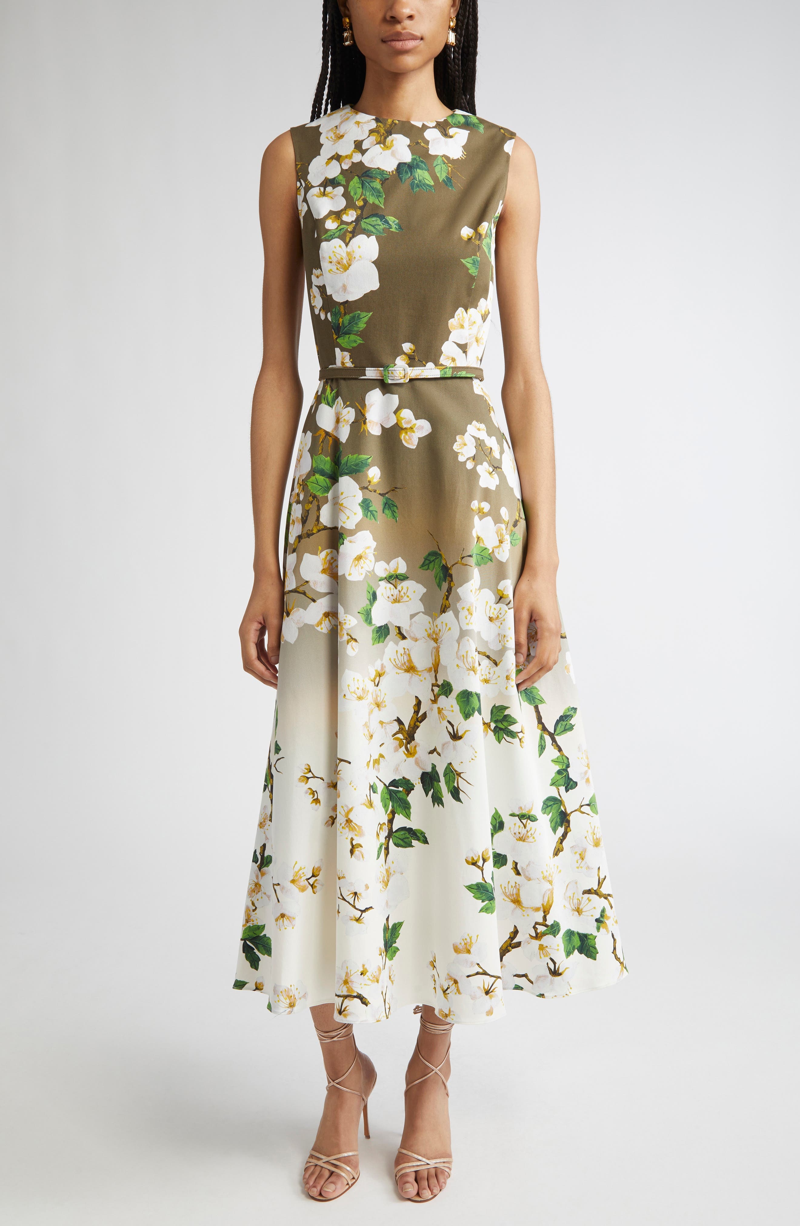 Oscar de la Renta Ombré Cherry Blossom Belted Poplin Midi Dress in White Khaki Ombre at Nordstrom - 1