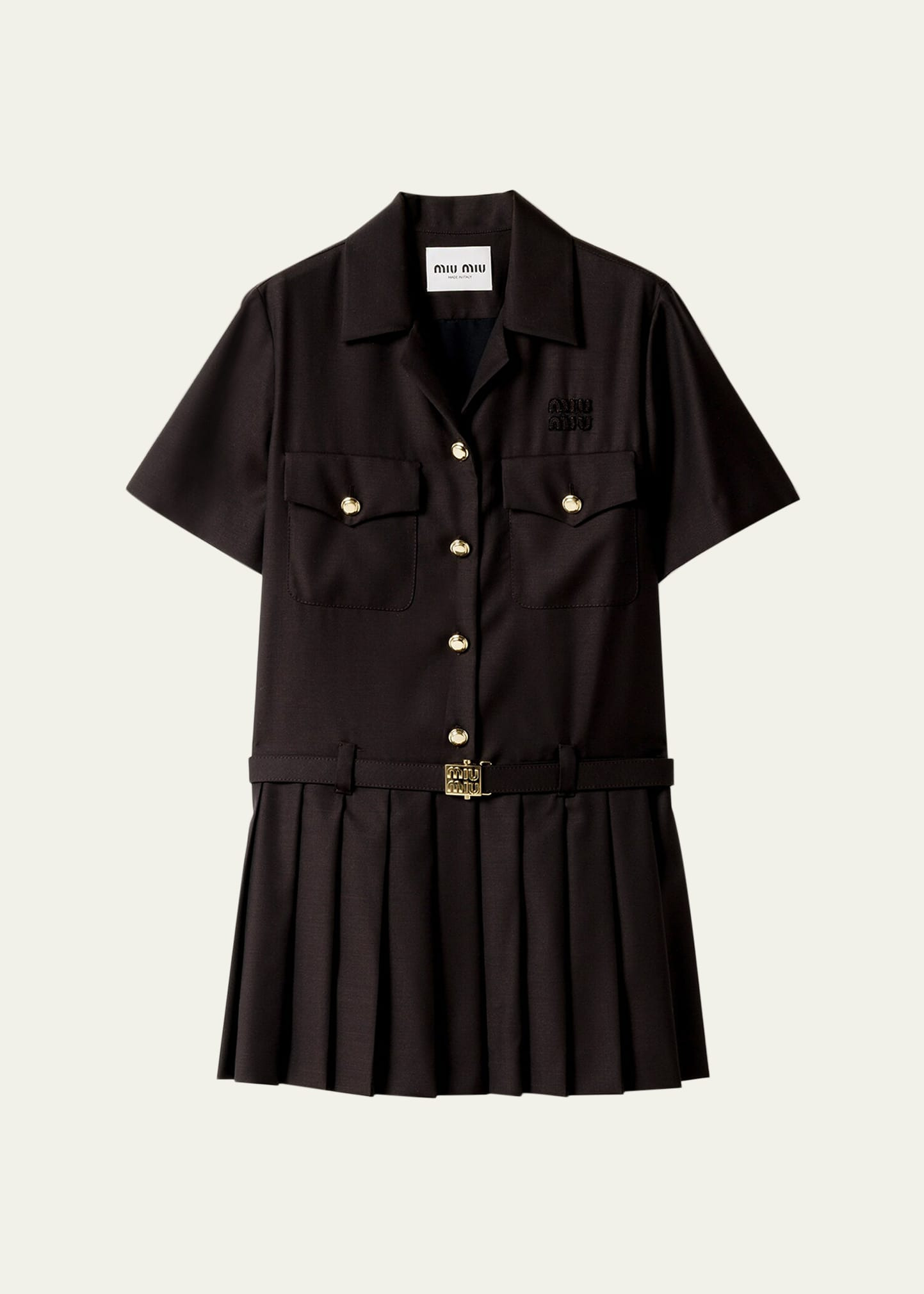 Short-Sleeve Pleated Mini Shirtdress With Belt - 1