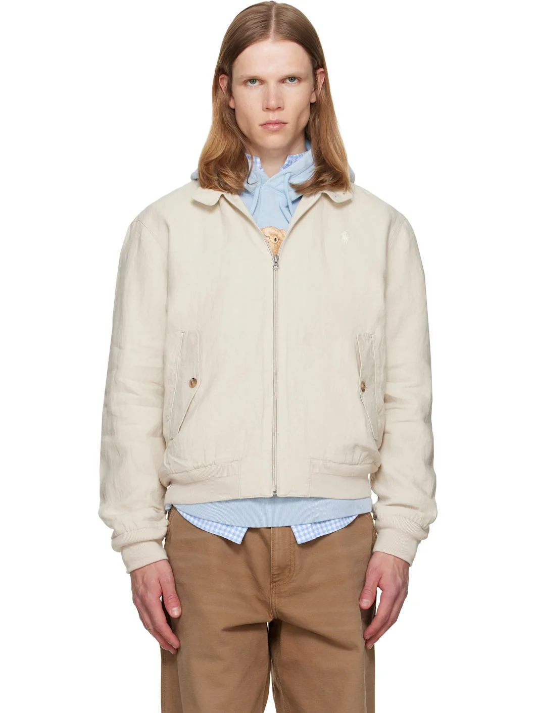 Beige Linen Herringbone Windbreaker Jacket - 1