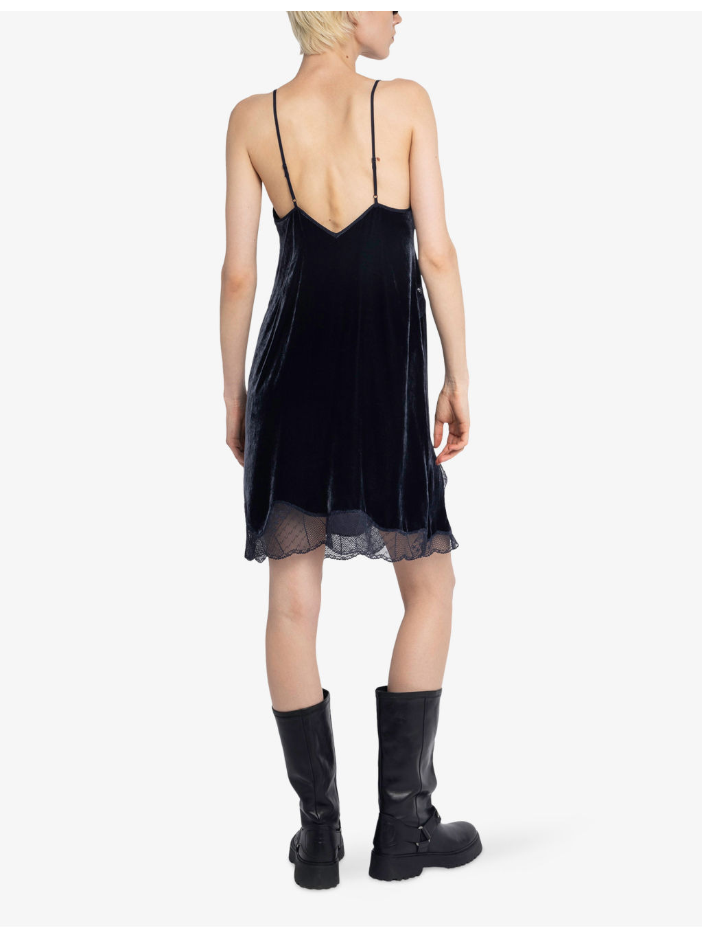 Rishi French-Lace Trimmed Velvet Blend Mini Dress - 4