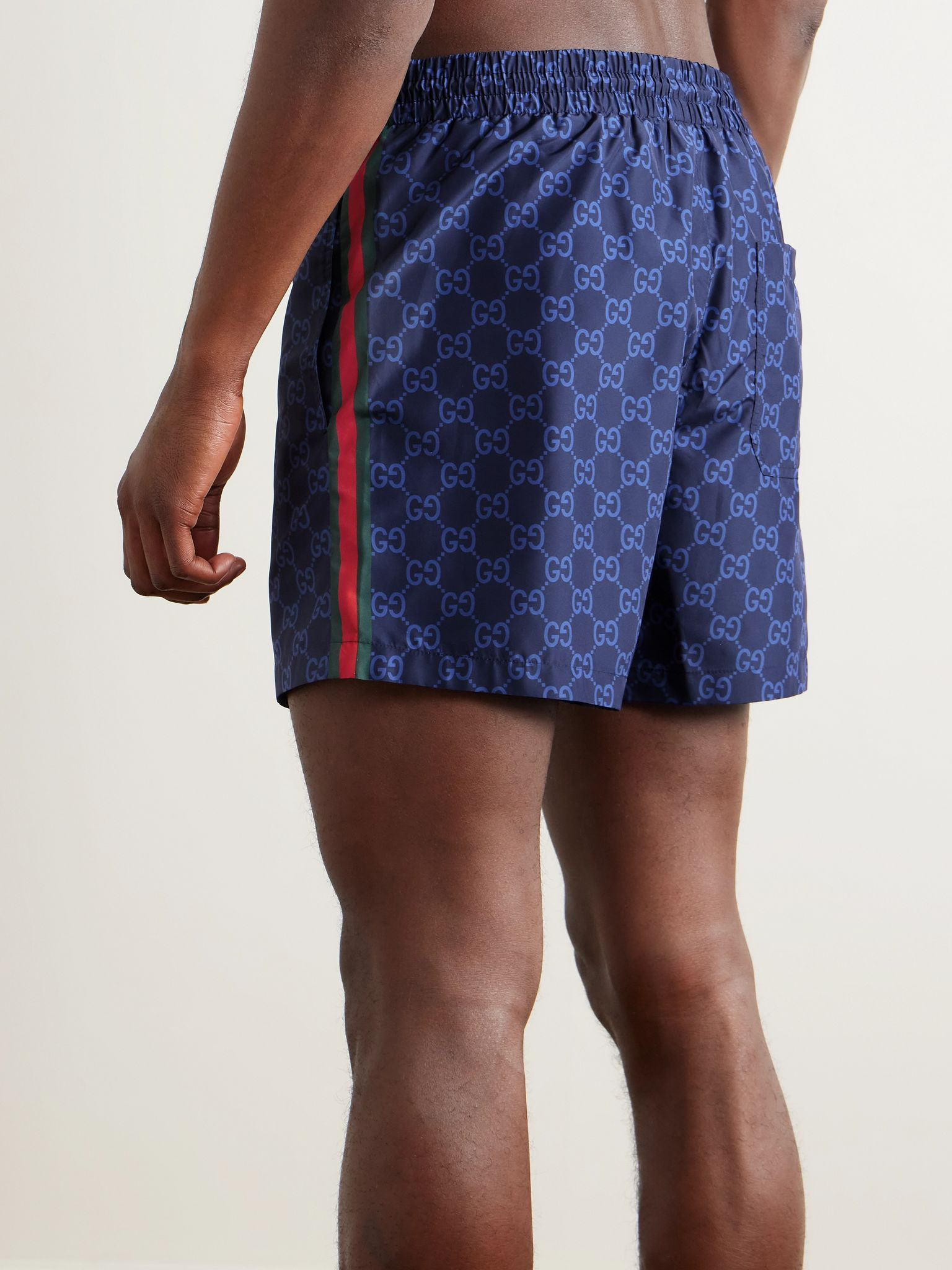 Slim-Fit Mid-Length Logo-Print Striped Swim Shorts Navy - 3
