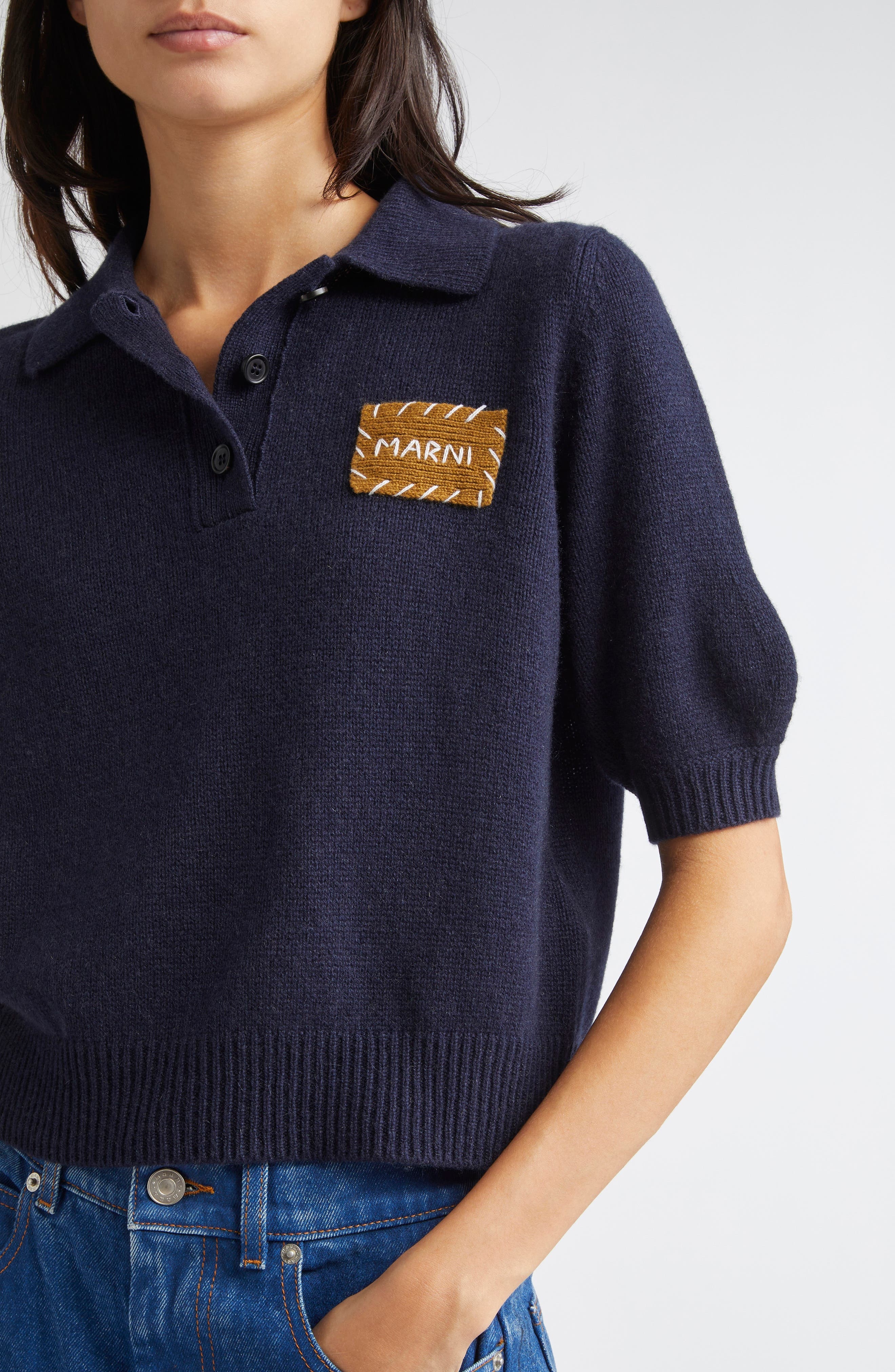 Marni Mending Logo Cashmere Sweater in 00B80 Ink at Nordstrom - 4