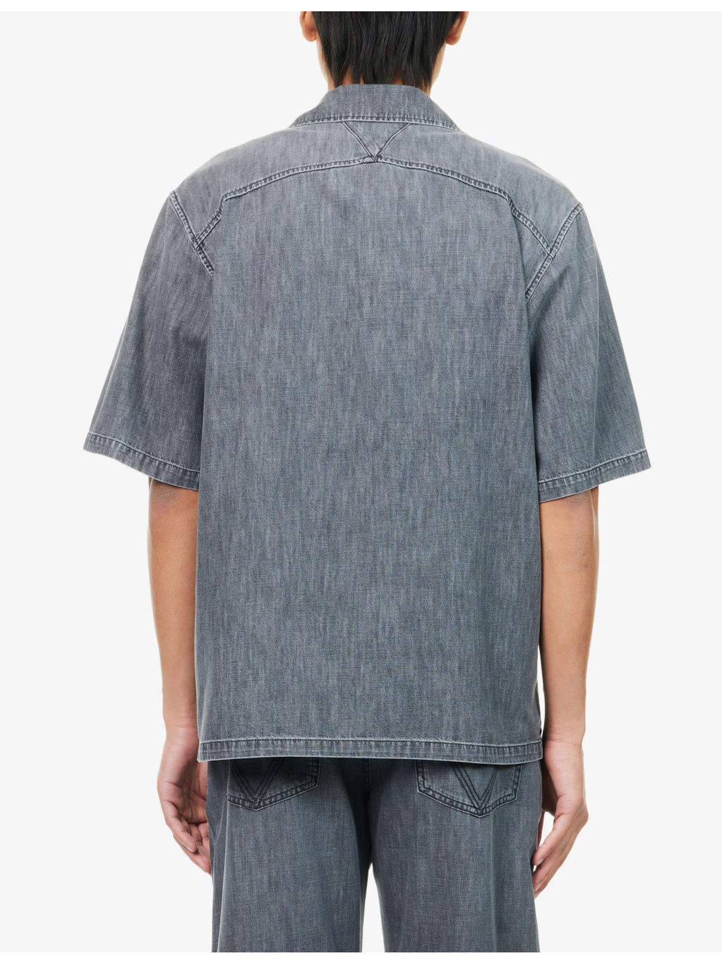 Notched-Collar Short-Sleeves Denim Shirt - 4