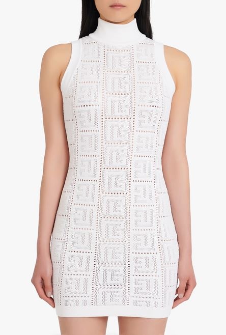 Short white eco-designed knit dress with Balmain monogram - 5