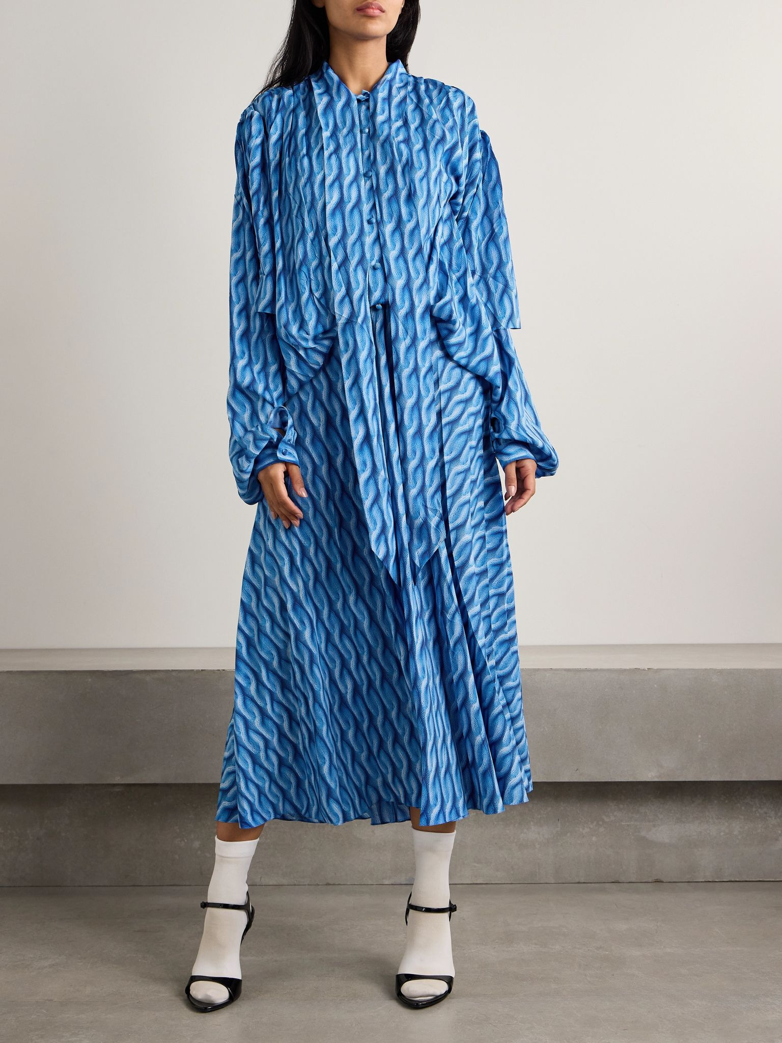 Pussy-bow printed crepe de chine midi shirt dress Azure - 3