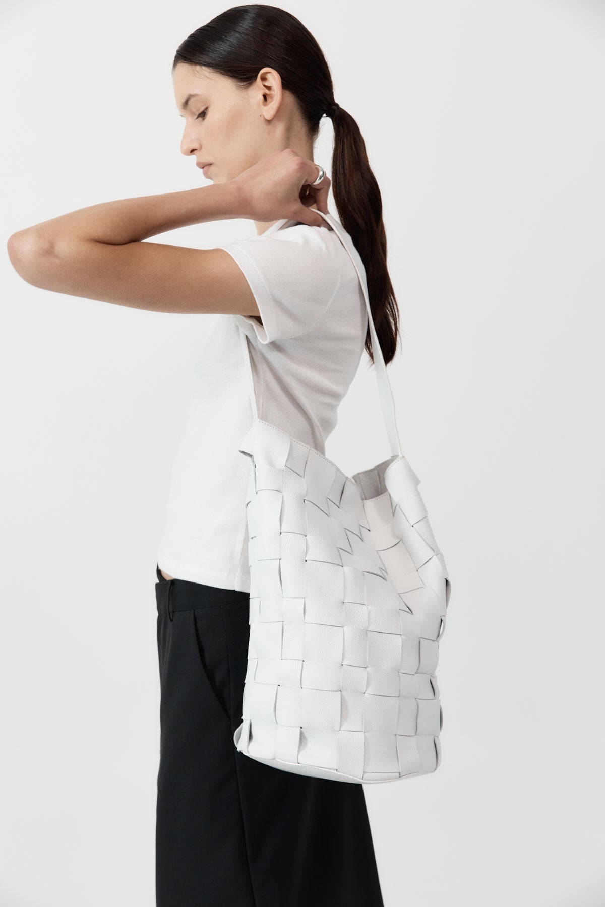 Woven Bucket Bag - White - 3