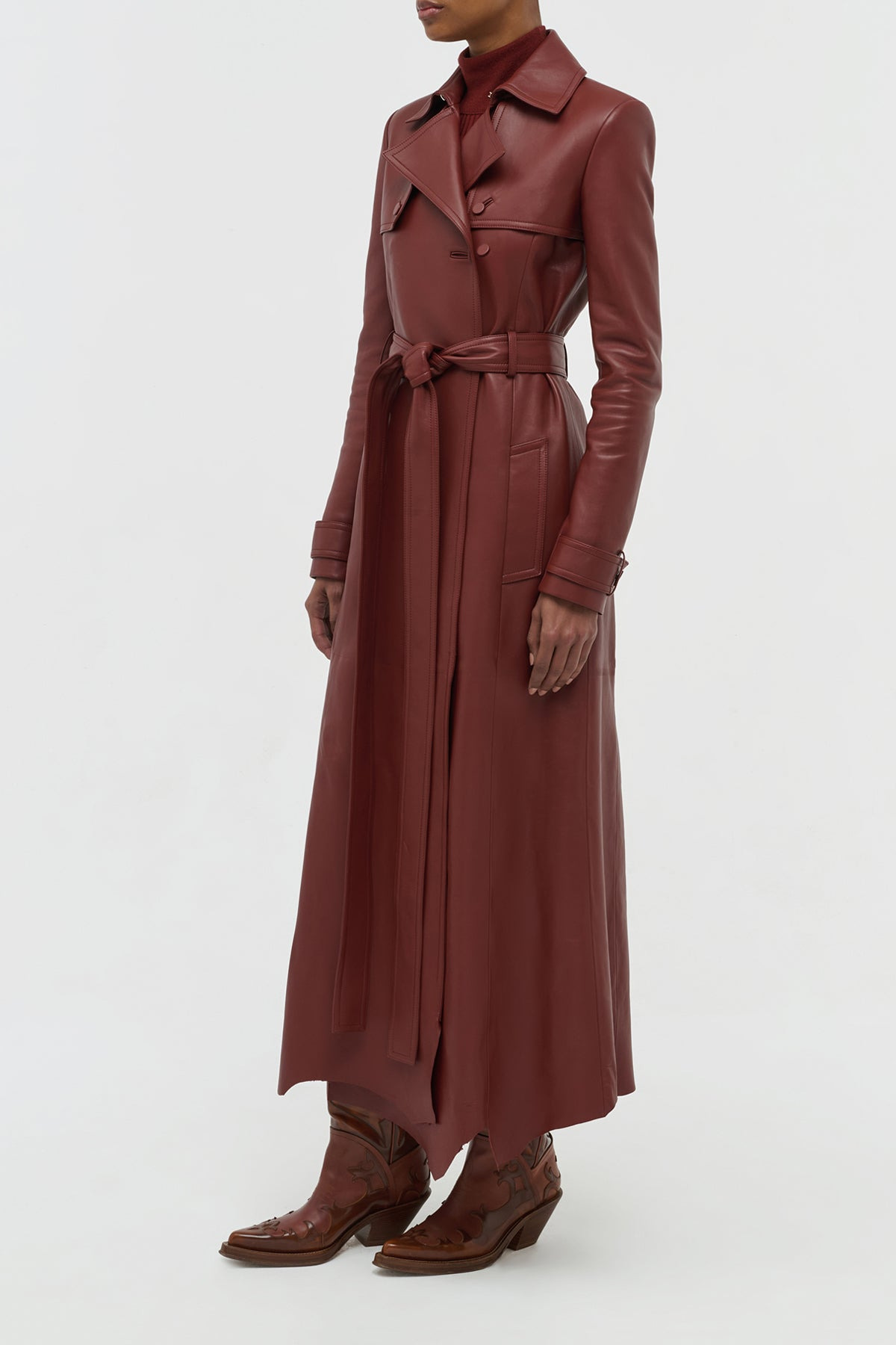 Pavel Raw Cut Trench Coat in Burnt Sienna Soft Leather - 3