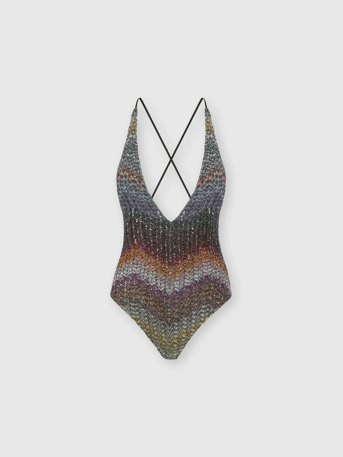 One-piece V-neck swimsuit in a Greek-style zigzag knit with sequins - 1