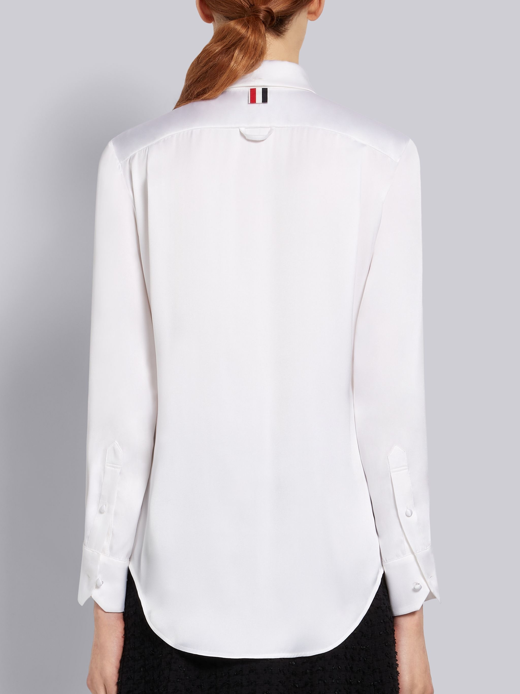 White Double Face Satin Silk Pleated Bib Long Sleeve Point Collar Shirt - 4