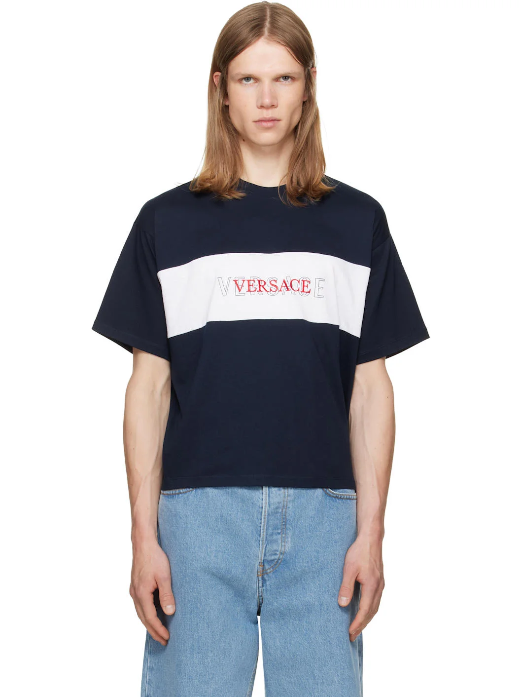 Navy Intarsia Cotton-Jersey Regular T-shirt - 1