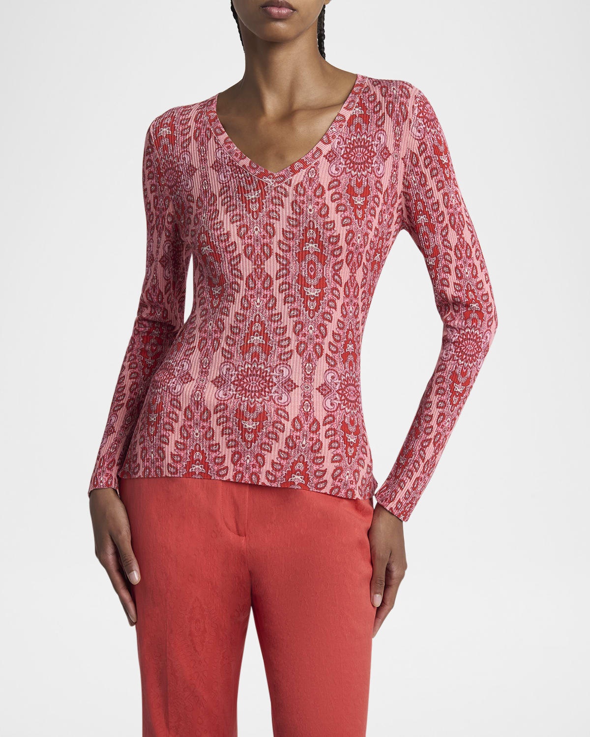 Pink Medallion Ribbed V-Neck Sweater - 5