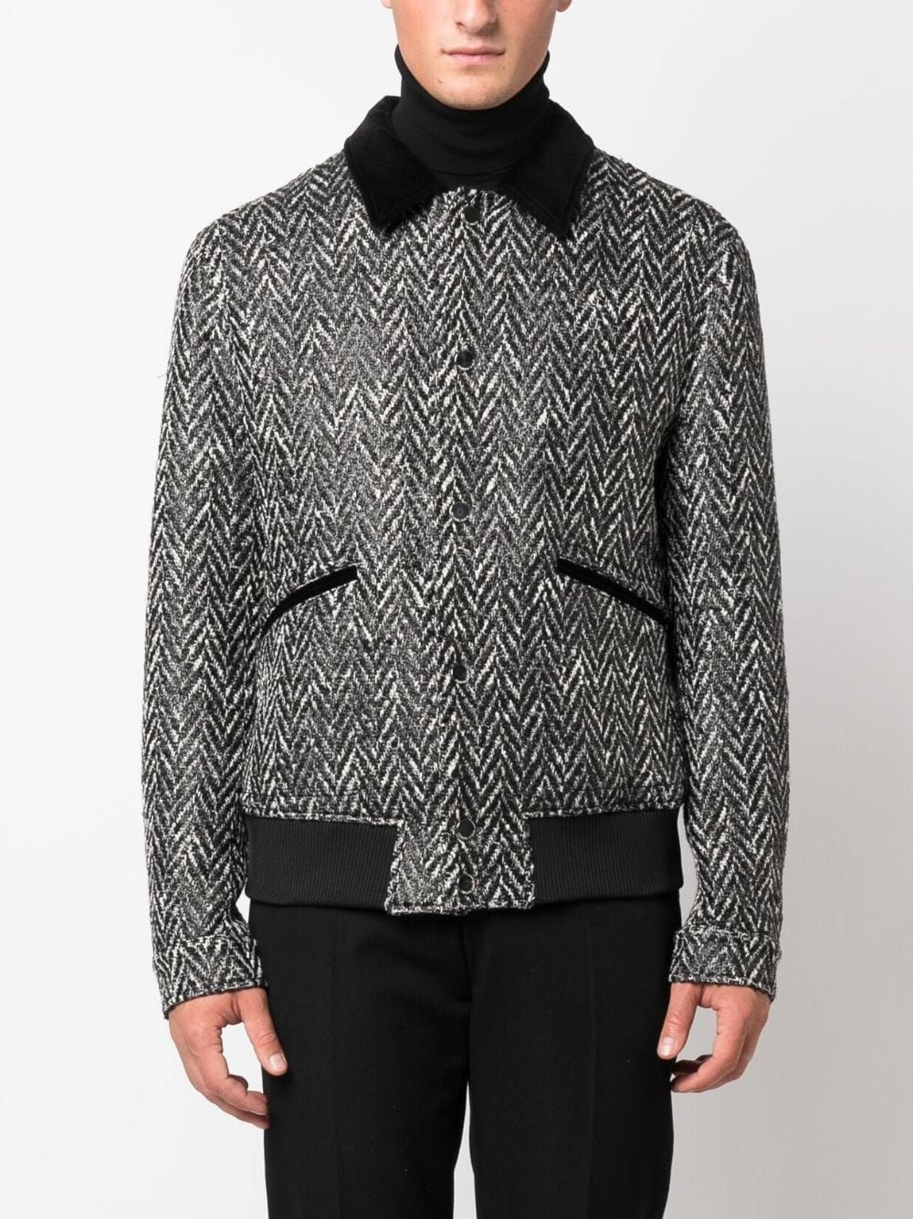 herringbone-pattern wool bomber jacket - 3