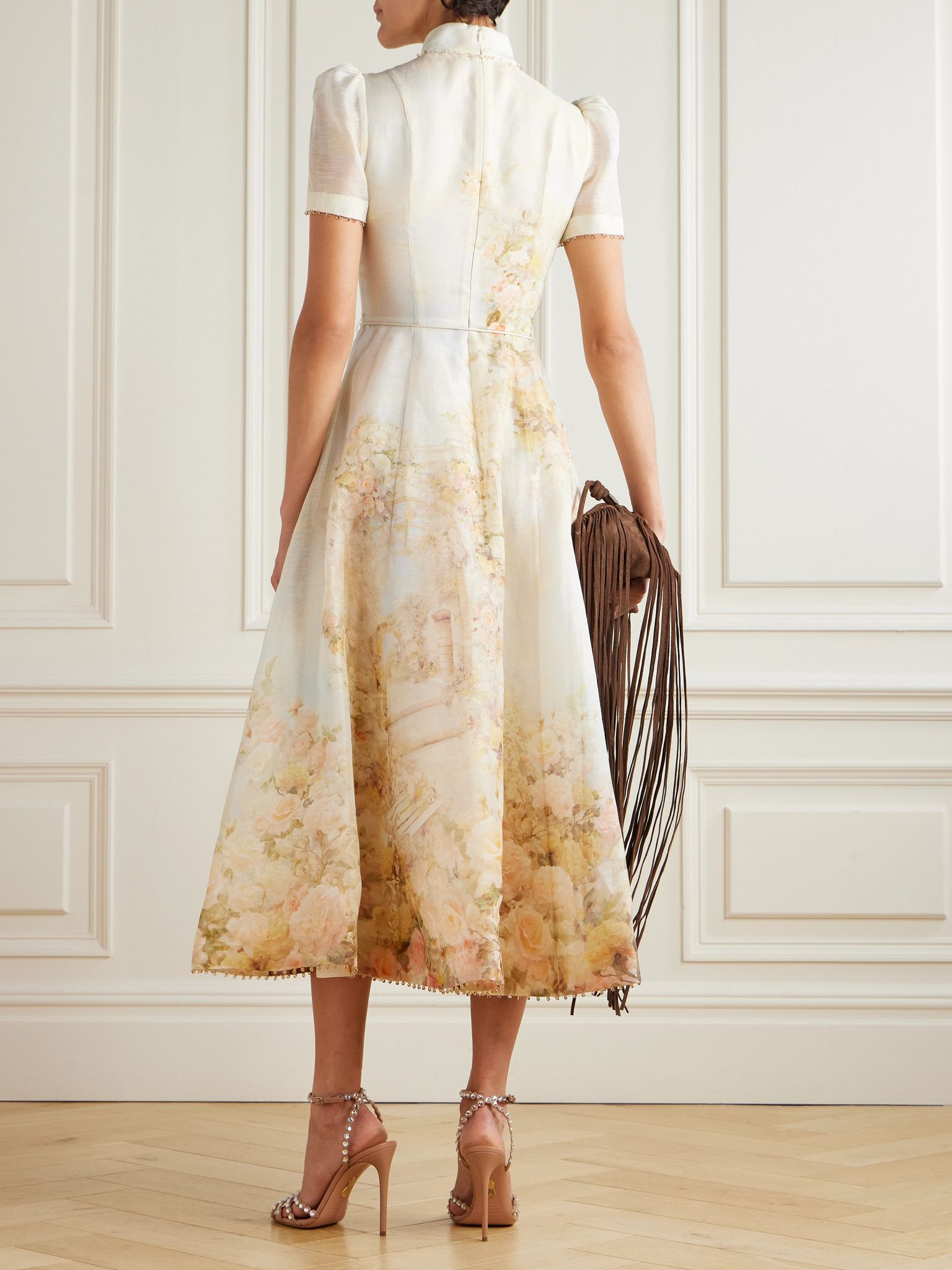 Picnic embellished floral-print linen and silk-blend midi dress Cream - 3