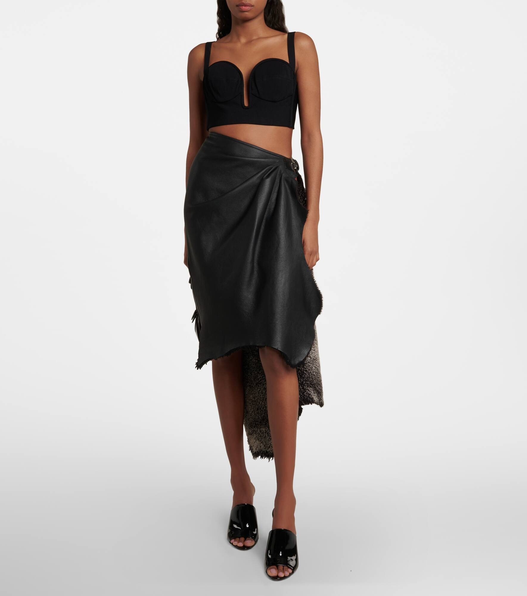 Draped high-rise leather and shearling midi skirt - 7