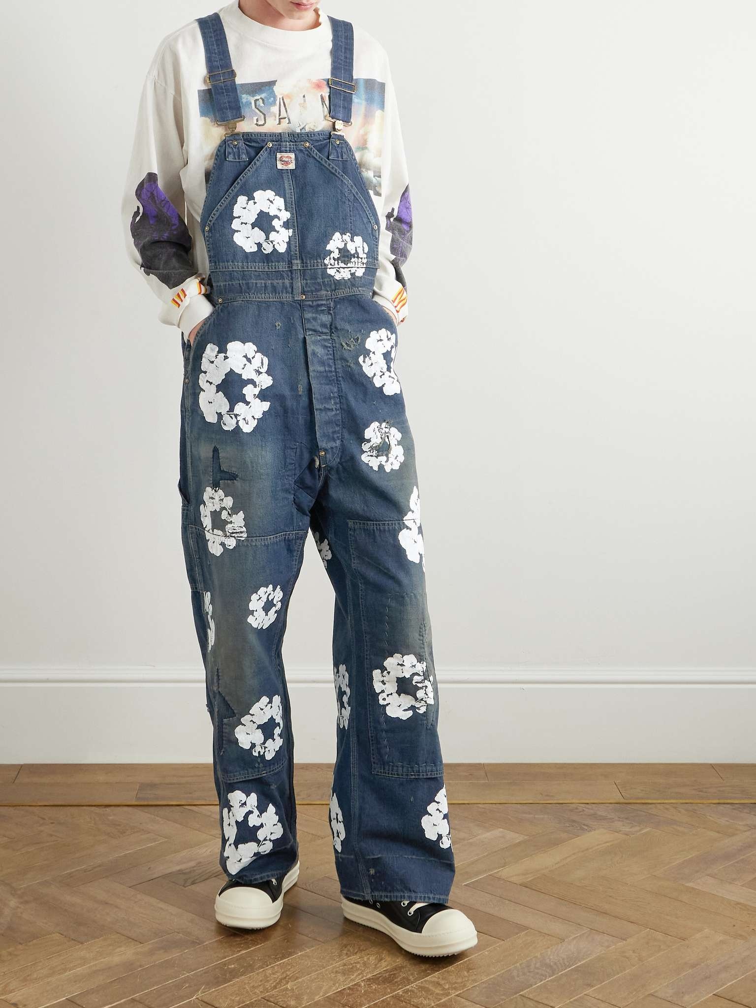 + Denim Tears Distressed Patchwork Floral-Print Denim Overalls - 2
