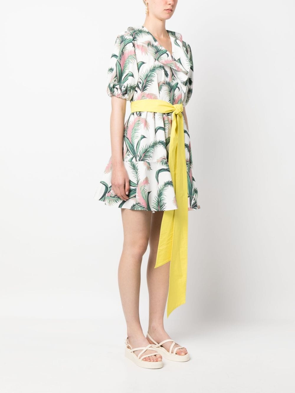 leaf-print belted wrap dress - 3