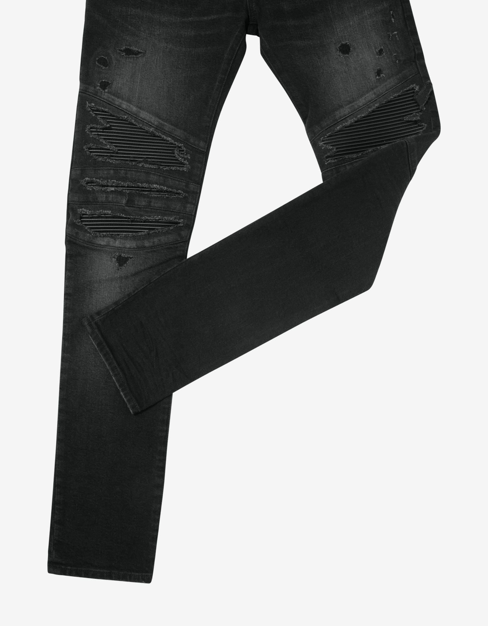 Balmain Black Ribbed Panel Destroyed Slim Biker Jeans - 6