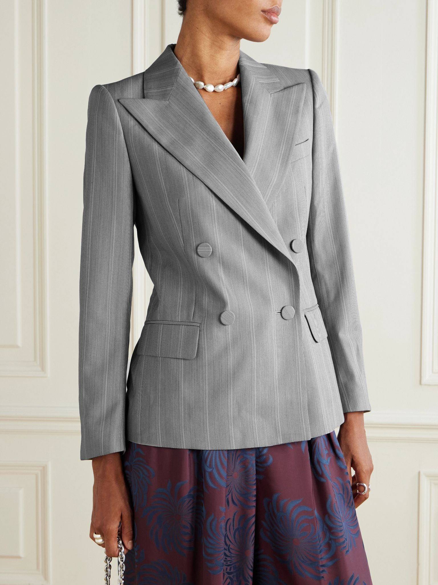 Double-breasted herringbone wool-blend blazer Gray - 3