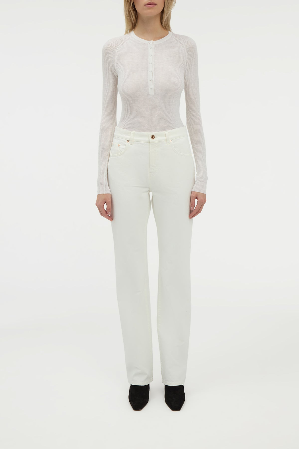 Anges Knit Henley in Ivory Cashmere Silk with Hemp - 3