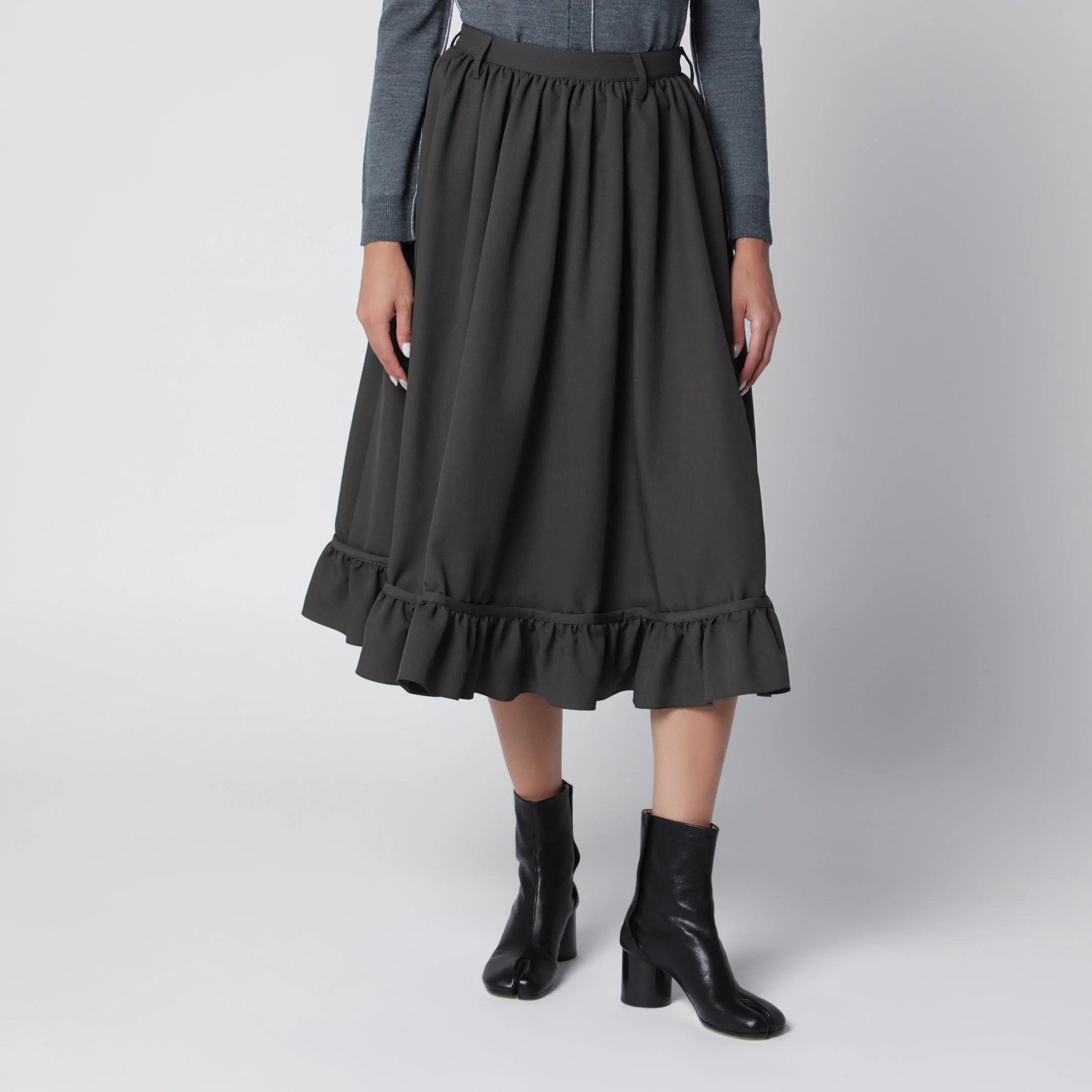 Grey midi skirt with ruffled flounce hem - 1