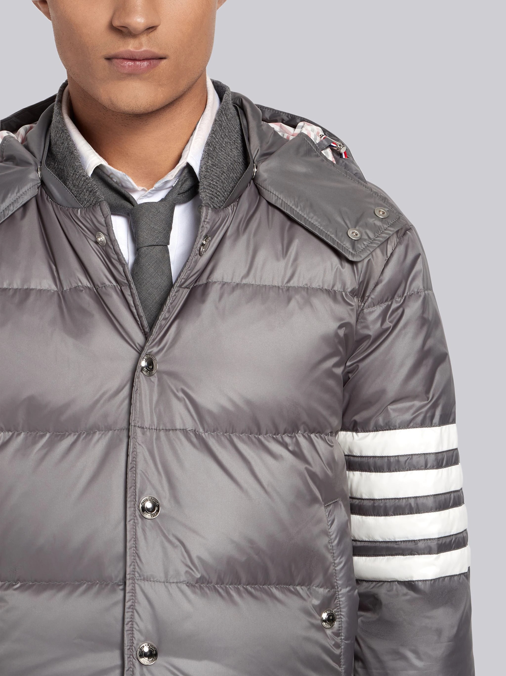 Medium Grey Matte Nylon 4-Bar Down Bomber Jacket - 5