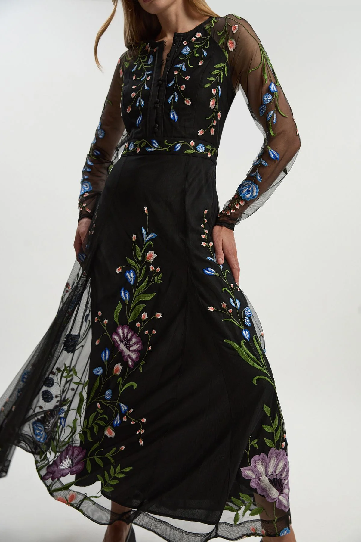 Placed Floral Embroidered Mesh Woven Belted Maxi Dress - 1