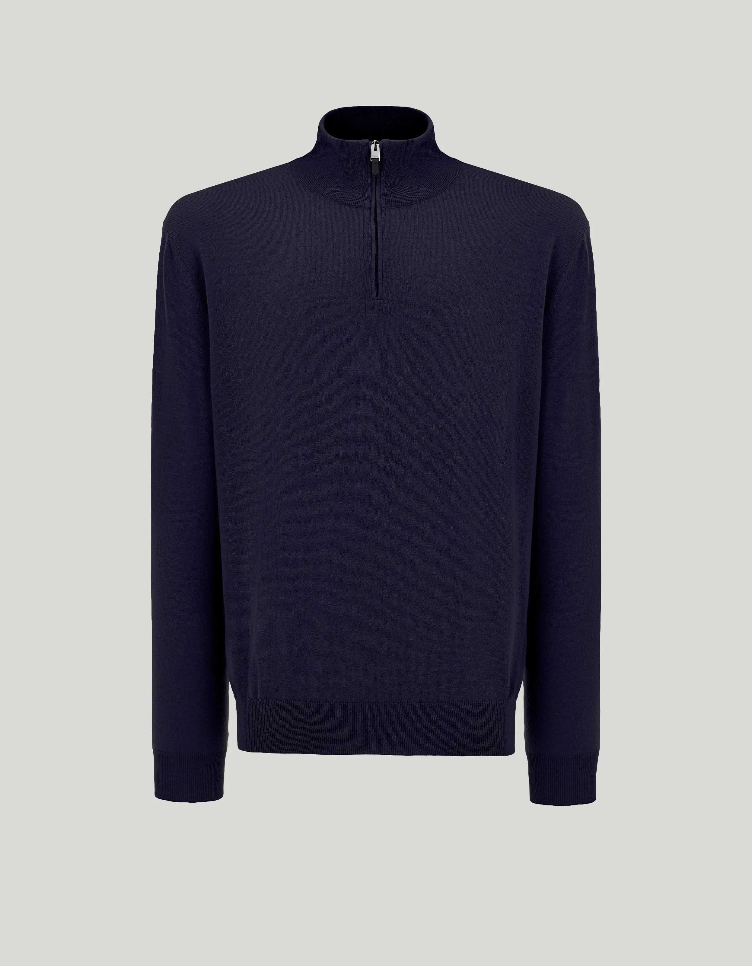 NAVY BLUE CASHMERE ZIPPERED MOCK NECK SWEATER - 1