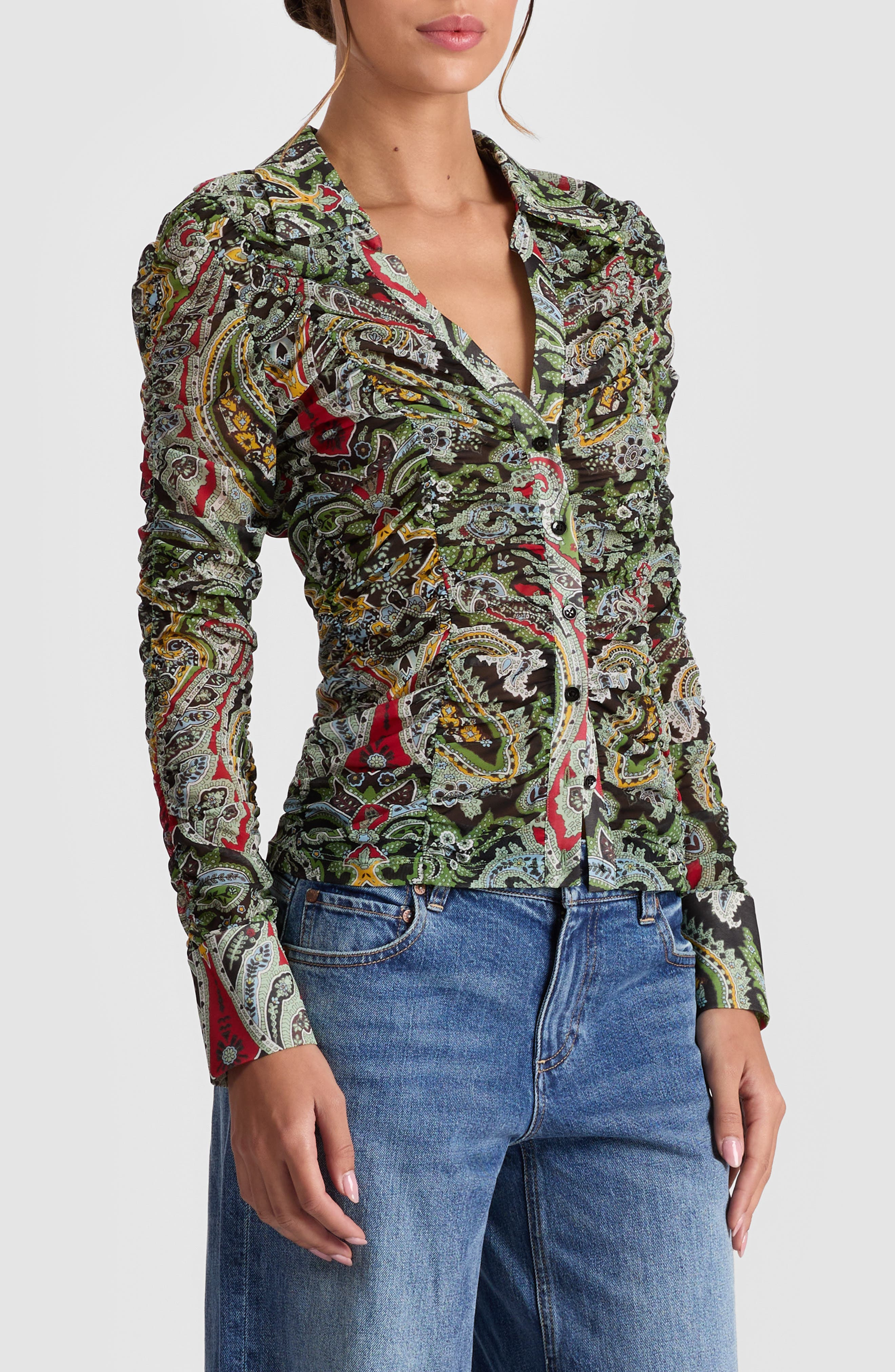 Alice + Olivia Portia Paisley Center Ruched Button-Up Shirt in Paisley Poem at Nordstrom - 3