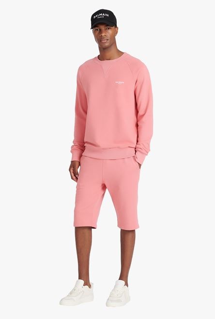 Salmon pink eco-designed cotton shorts with flocked white Balmain Paris logo - 2
