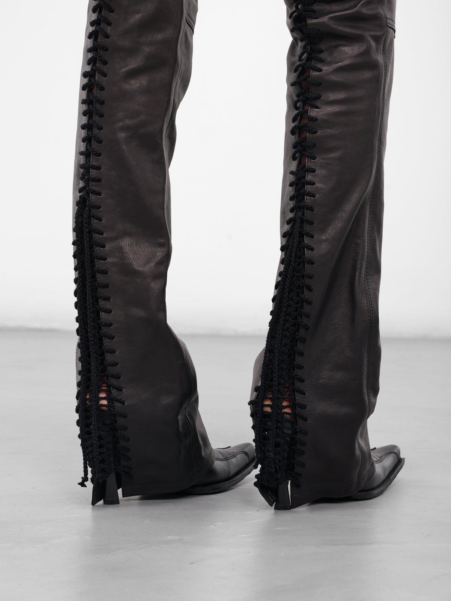 Black Leather Tong Biker Pants - 5