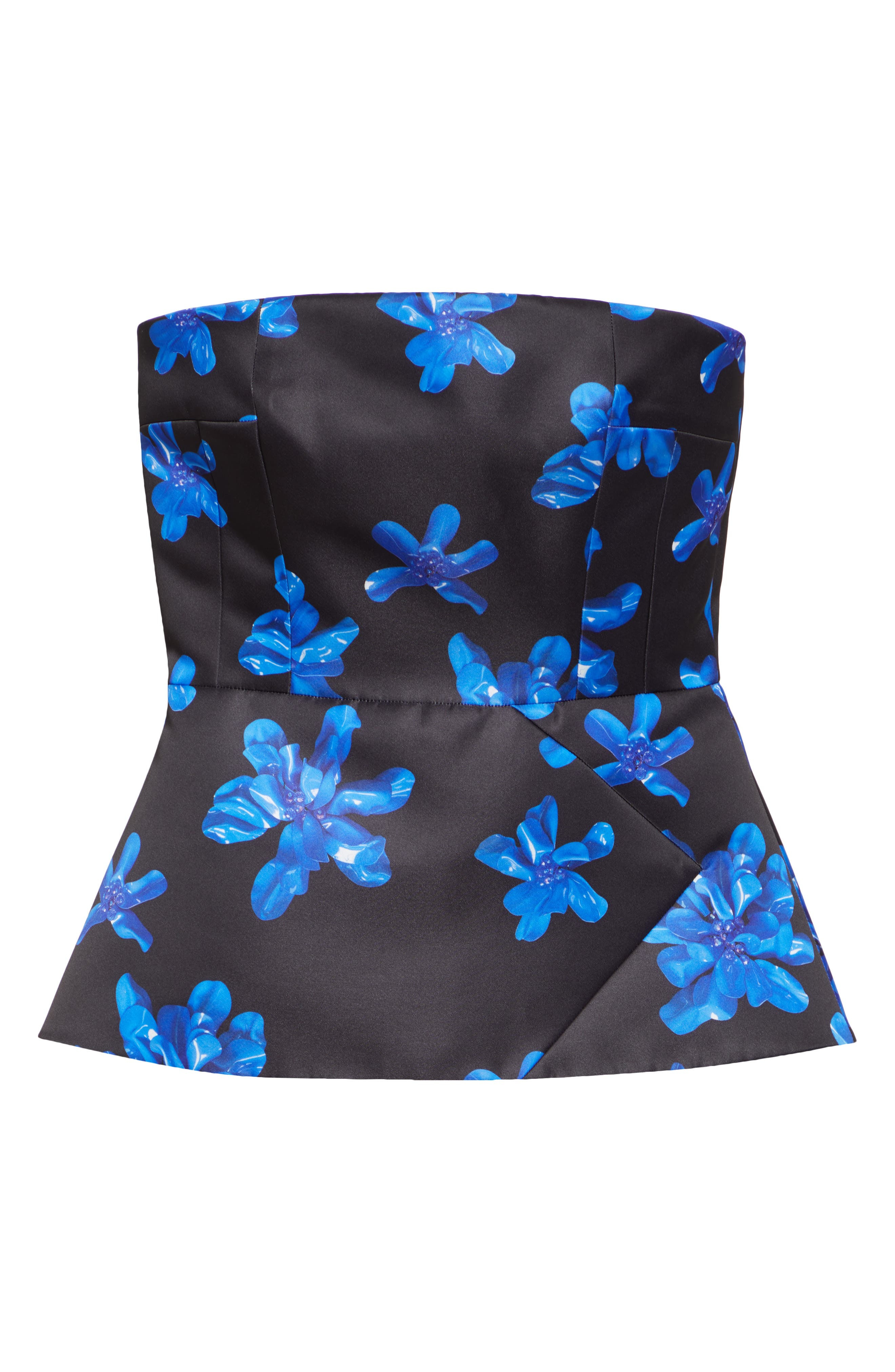 Emilia Wickstead Regan Floral Strapless Genzianella Peplum Top in Electric Blue Floral On Black at N - 6