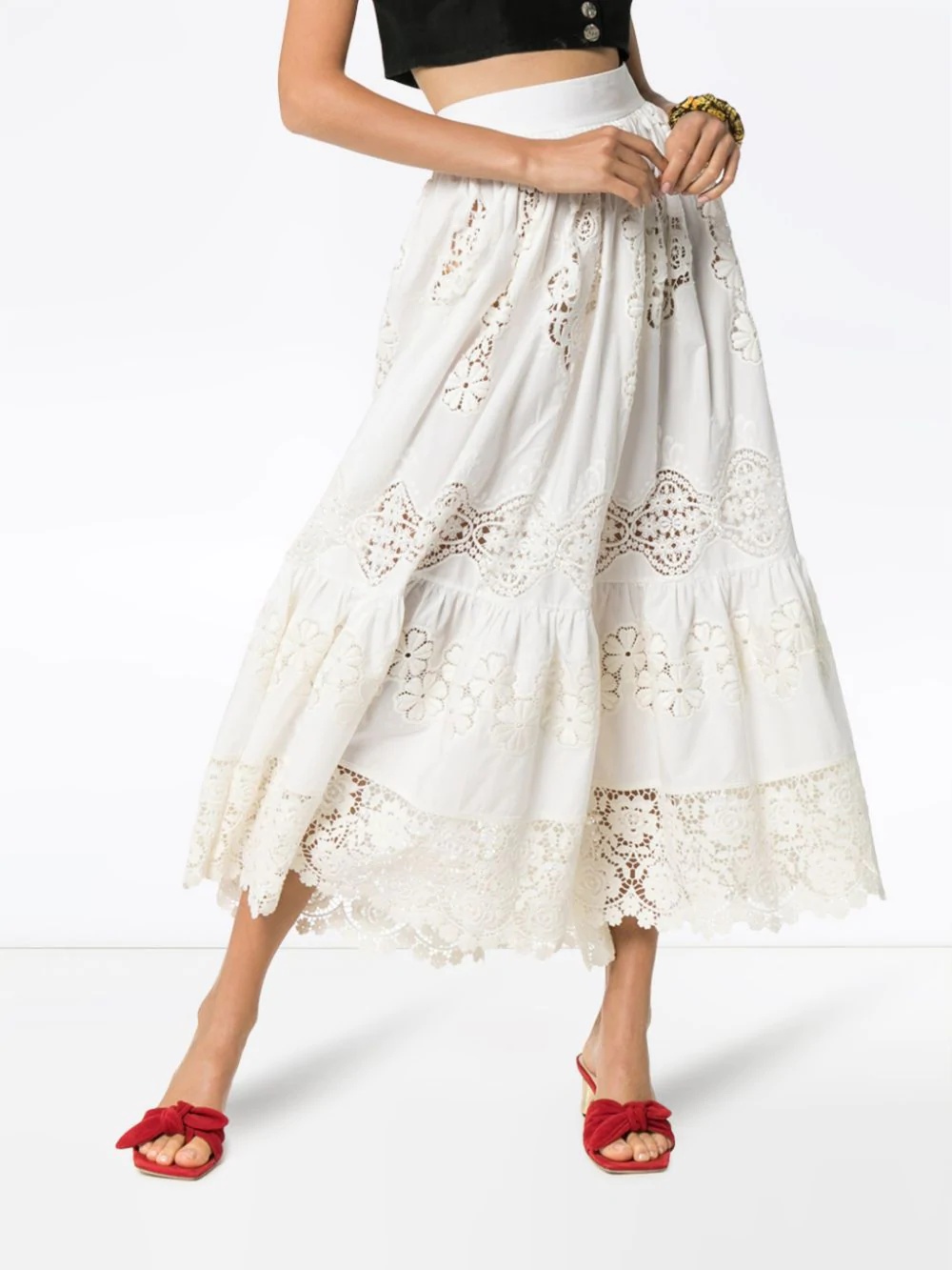 tiered lace detail high waisted midi skirt - 3