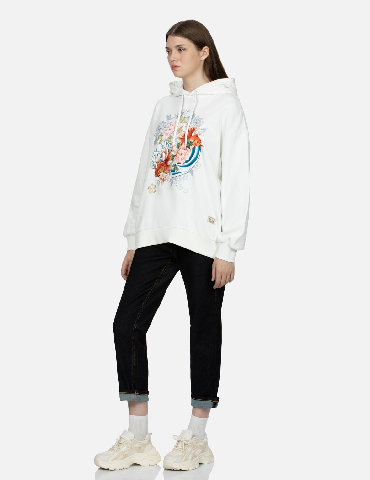 EMBROIDERY GOLDFISH AND FLORAL FLOW BRUSHSTROKE DAICOCK PRINT BOYFRIEND JEANS - 4