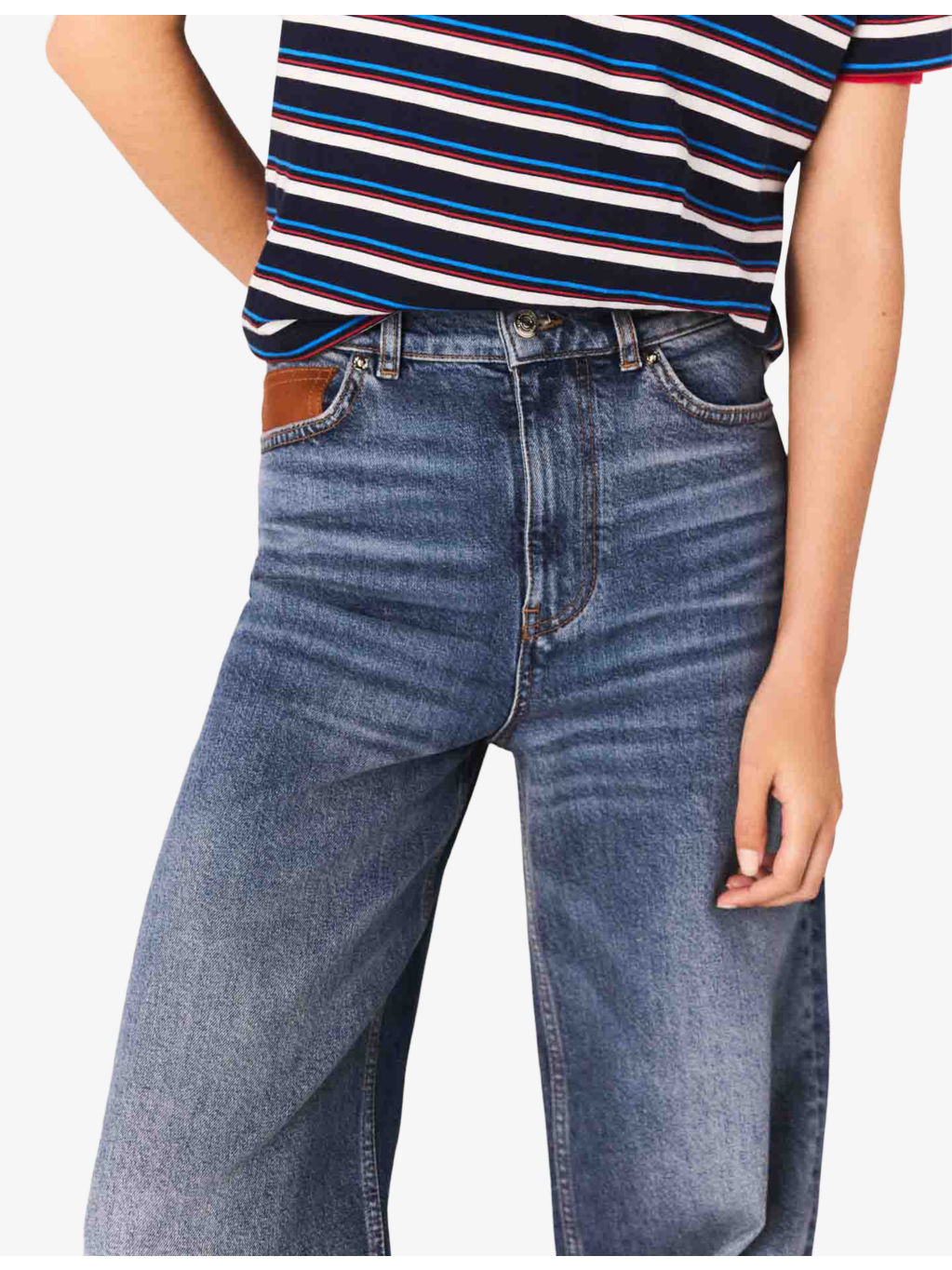 Leather-Pocket Wide-Leg High-Rise Stretch-Denim Jeans - 5