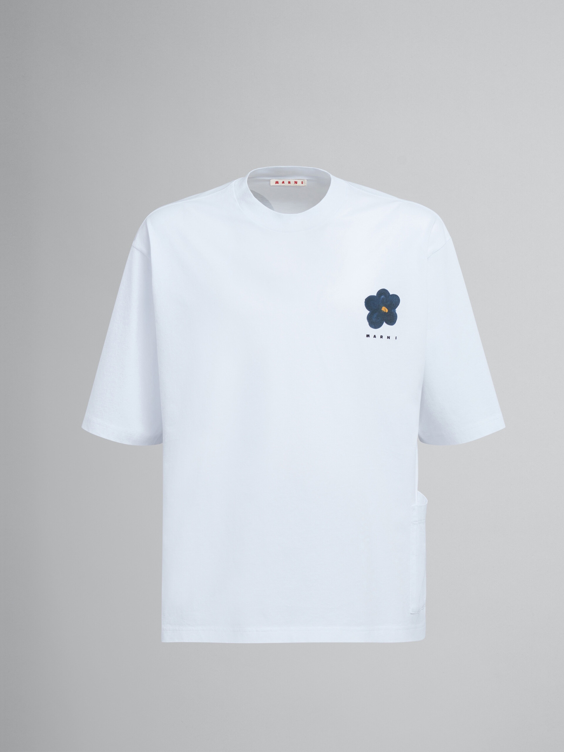 BLACK DAISY PRINT WHITE JERSEY CREWNECK T-SHIRT - 1