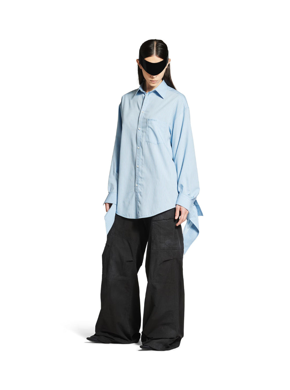 Balenciaga Women Blue Oversized Shirt With Embroidered Logo On The Front And Knotted Cuffs In Viscos - 4
