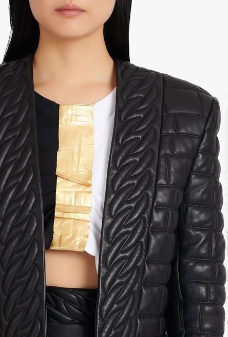 Black quilted leather spencer jacket - 5