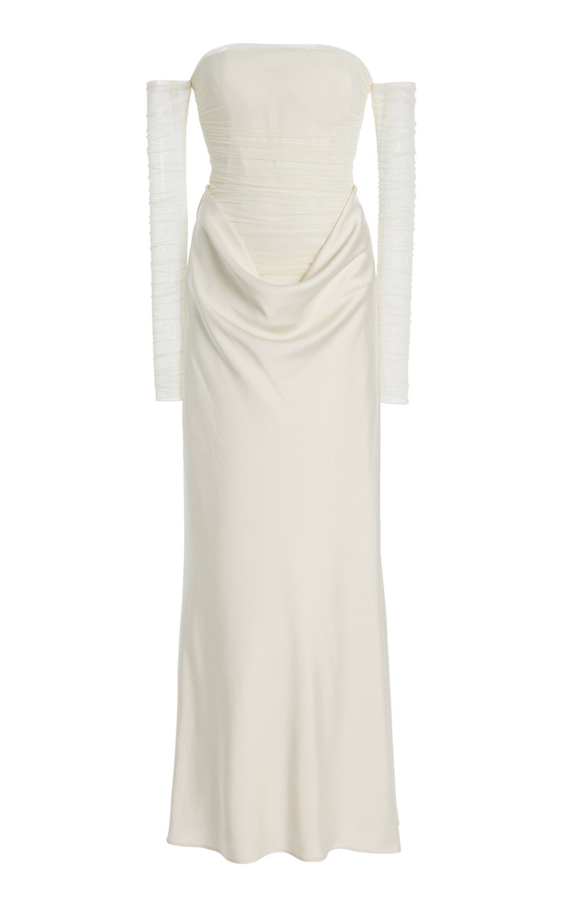Ruched Tulle and Satin Maxi Dress white 1