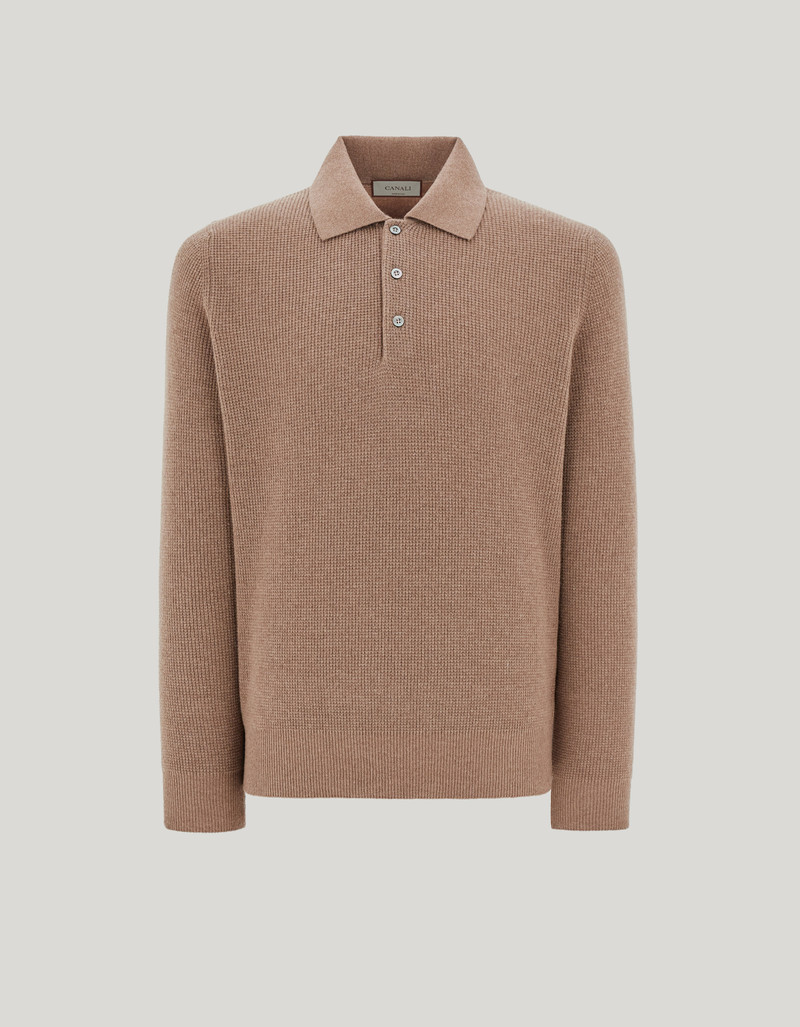 TAUPE WOOL AND CASHMERE POLO SHIRT WITH LAMBSKIN DETAILS 1