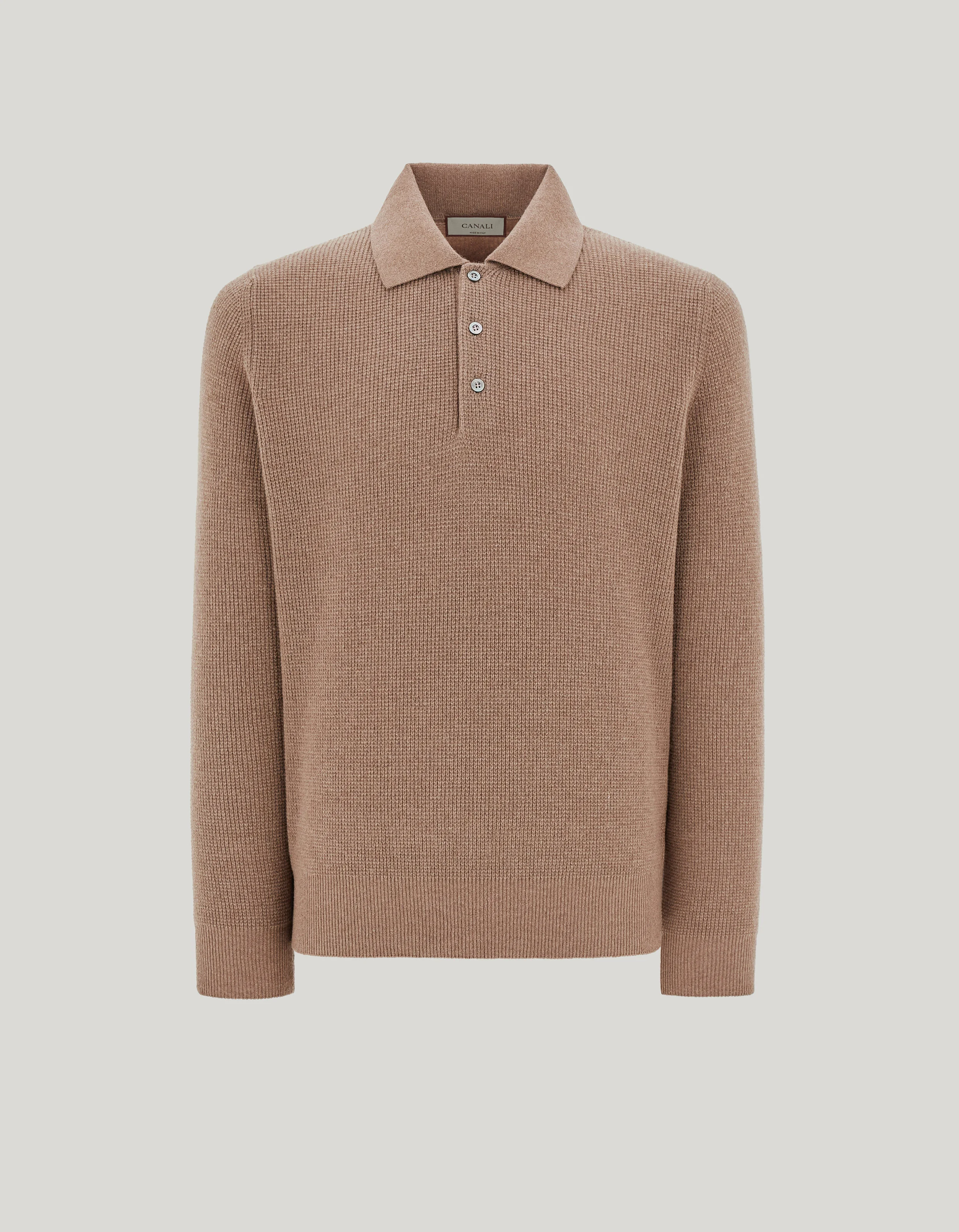TAUPE WOOL AND CASHMERE POLO SHIRT WITH LAMBSKIN DETAILS - 1