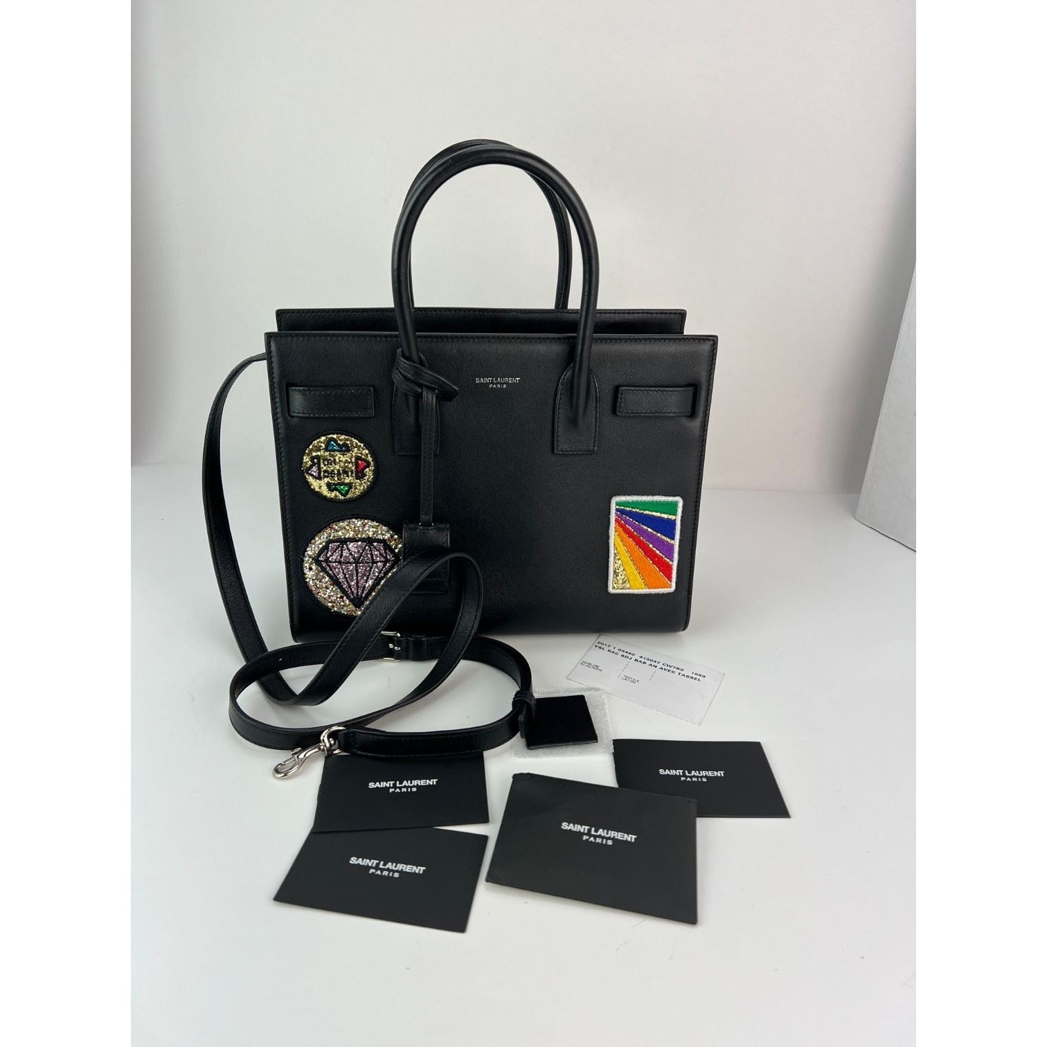 Saint Laurent Sac De Jour Embellished Patches Baby Black Leather Shoulder Bag - 10