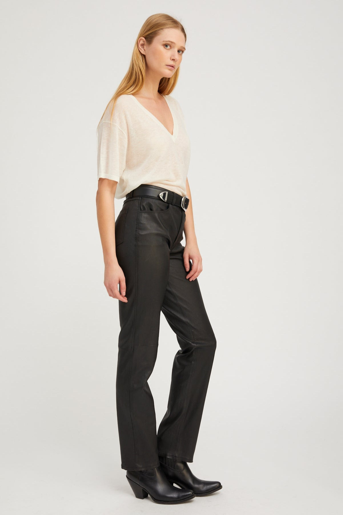 BLACK LEATHER 5 POCKET SLIM STRAIGHT - 3